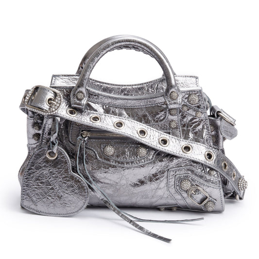 Balenciaga Metallic Arena Crystal Neo Cagole Xs City Leather Silver Travel Bag