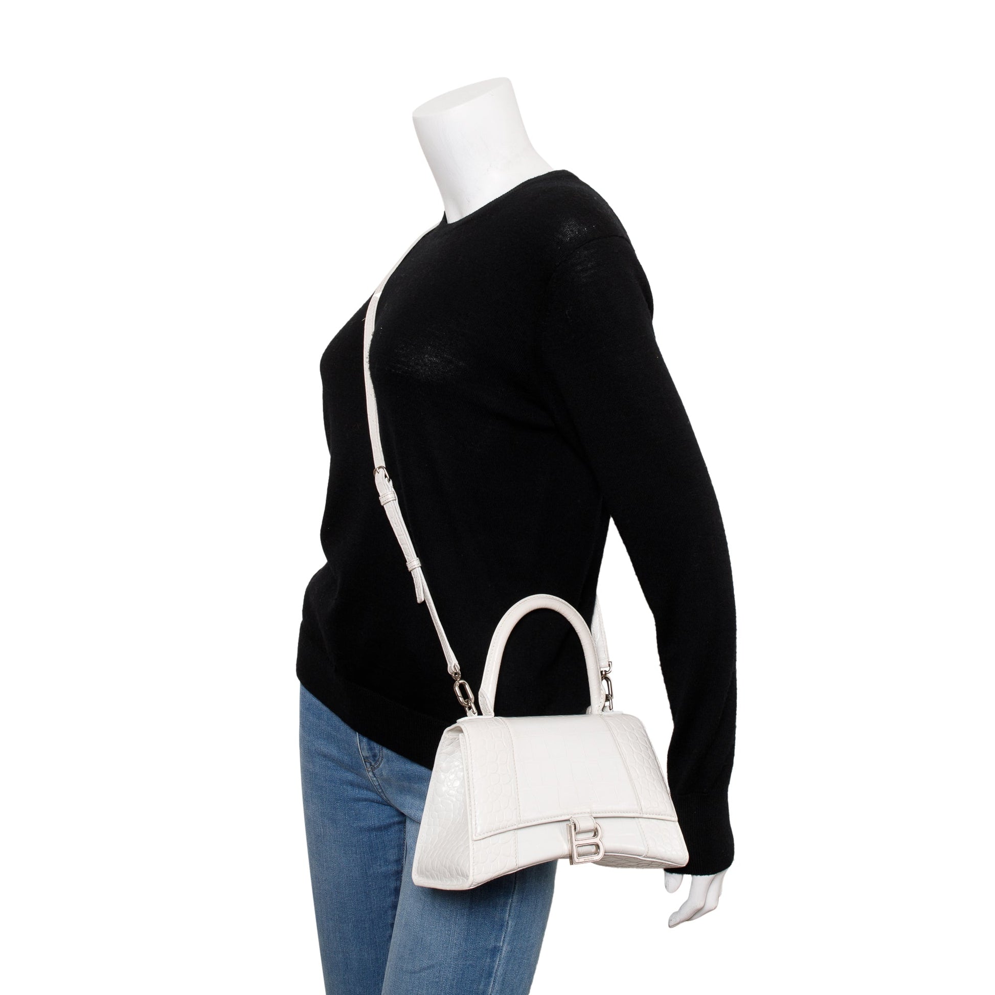 Balenciaga Croc Embossed Hourglass Top Handle Bag Leather White Travel Bag