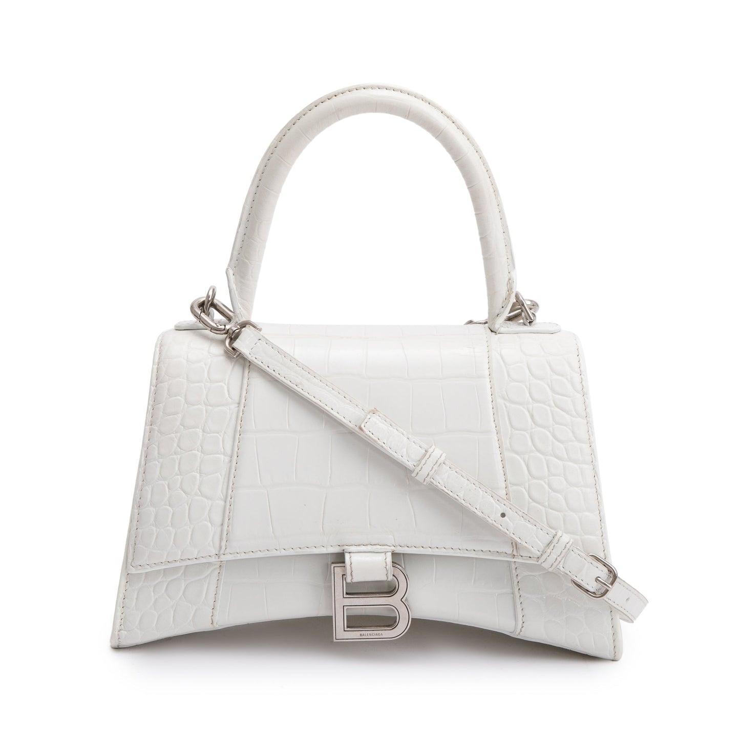 Balenciaga Croc Embossed Hourglass Top Handle Bag Leather White Travel Bag