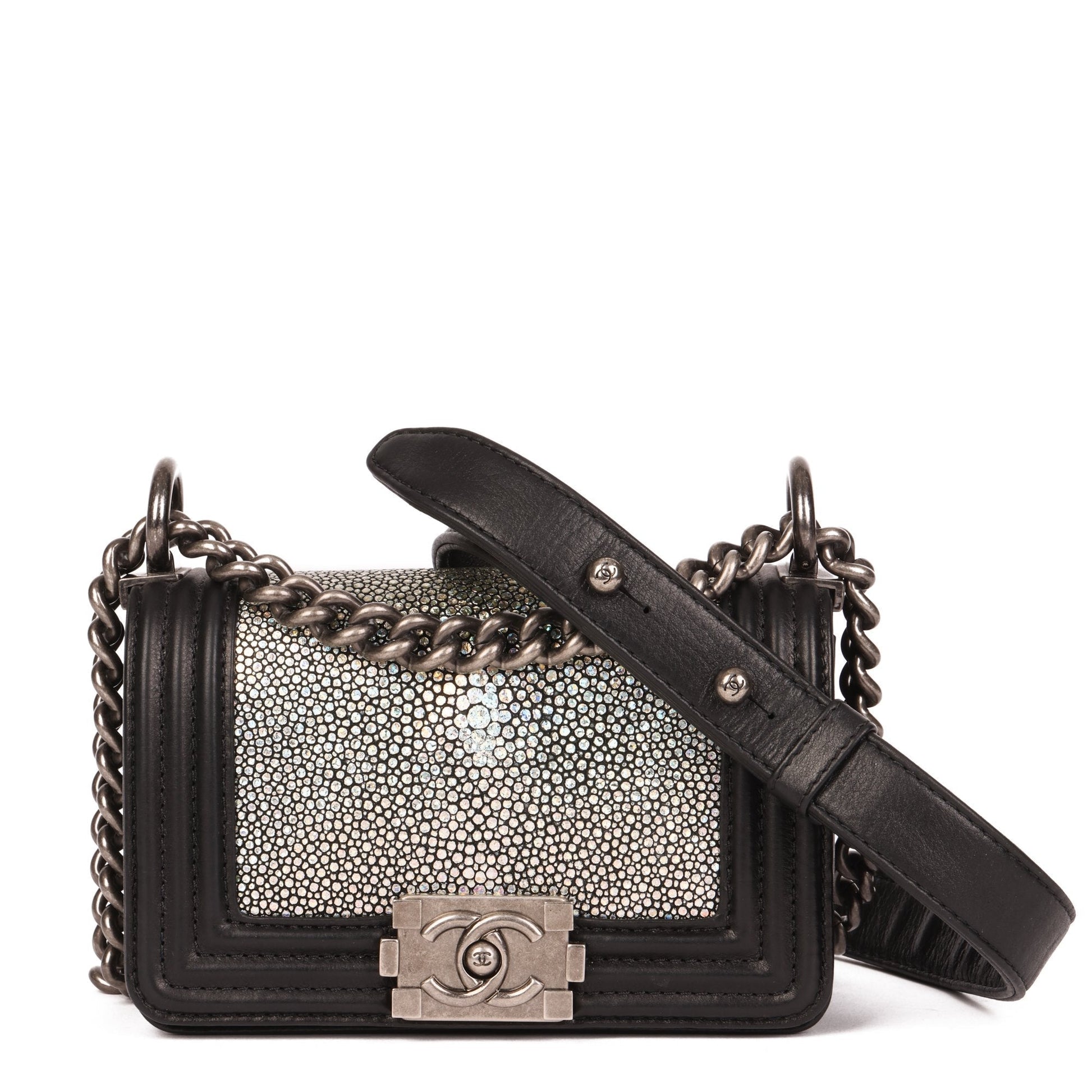 Chanel Black Lambskin & Hologram Galuchat Micro Le Boy Shoulder Bag