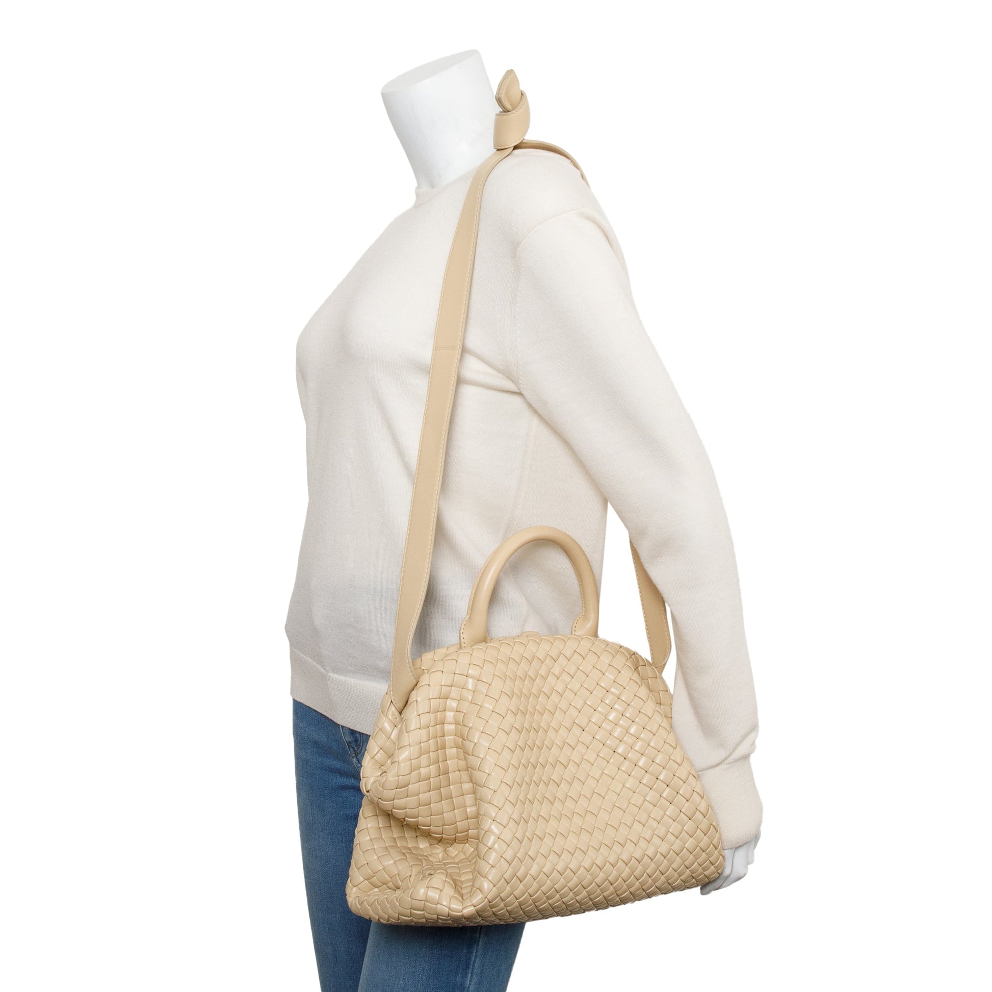Bottega Veneta Intrecciato Weave Padded The Handle Bag Beige Medium Travel Bag