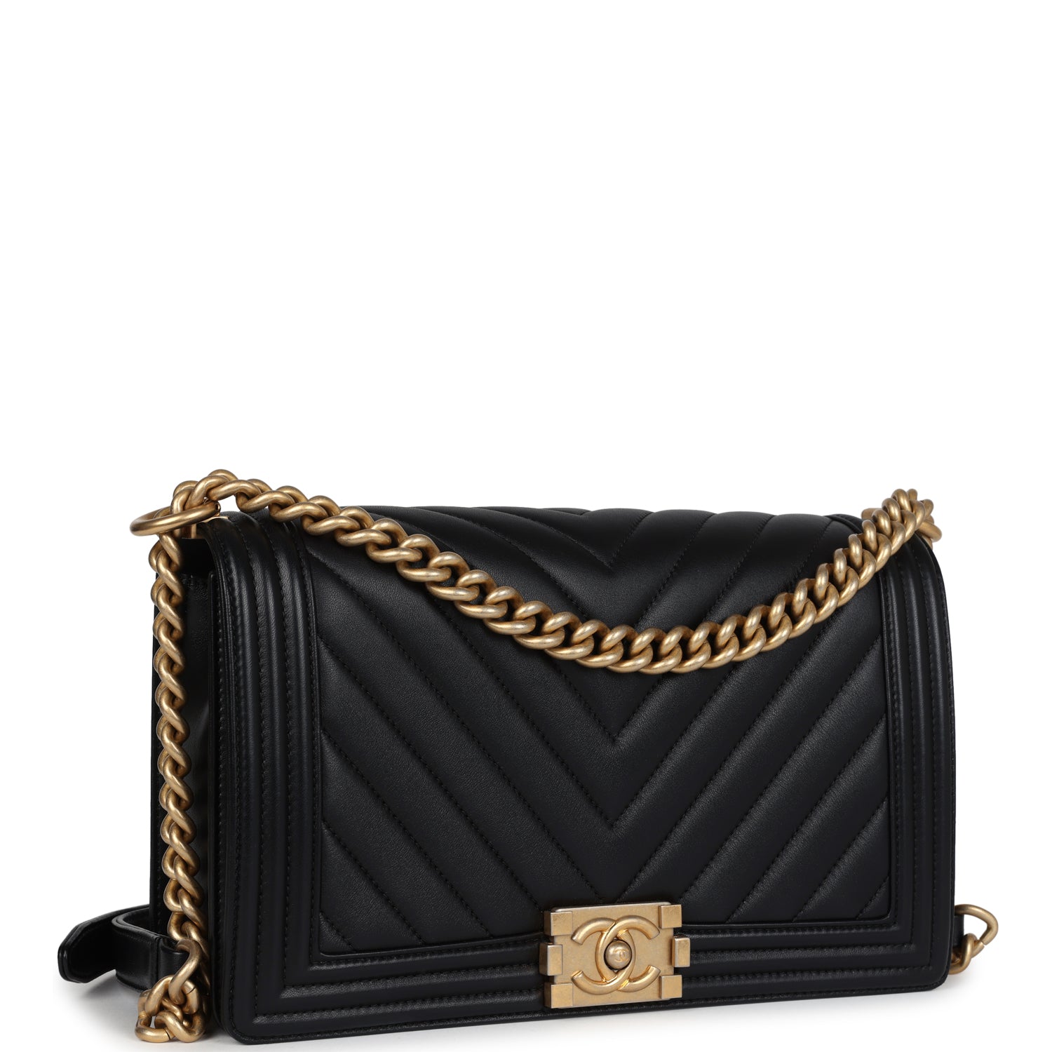 Chanel New Medium Chevron Boy Bag Black Calfskin Antique Gold Hardware