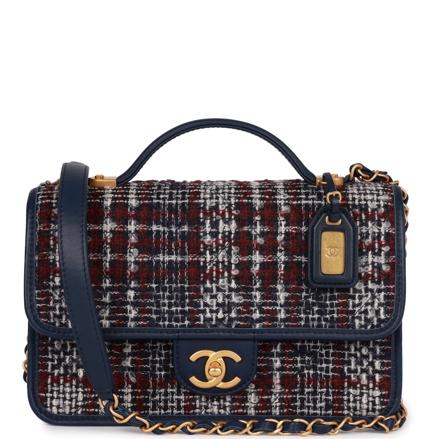 Chanel Medium School Memory Flap Bag with Top Handle Navy Multicolor Tweed Aged Gold Hardware