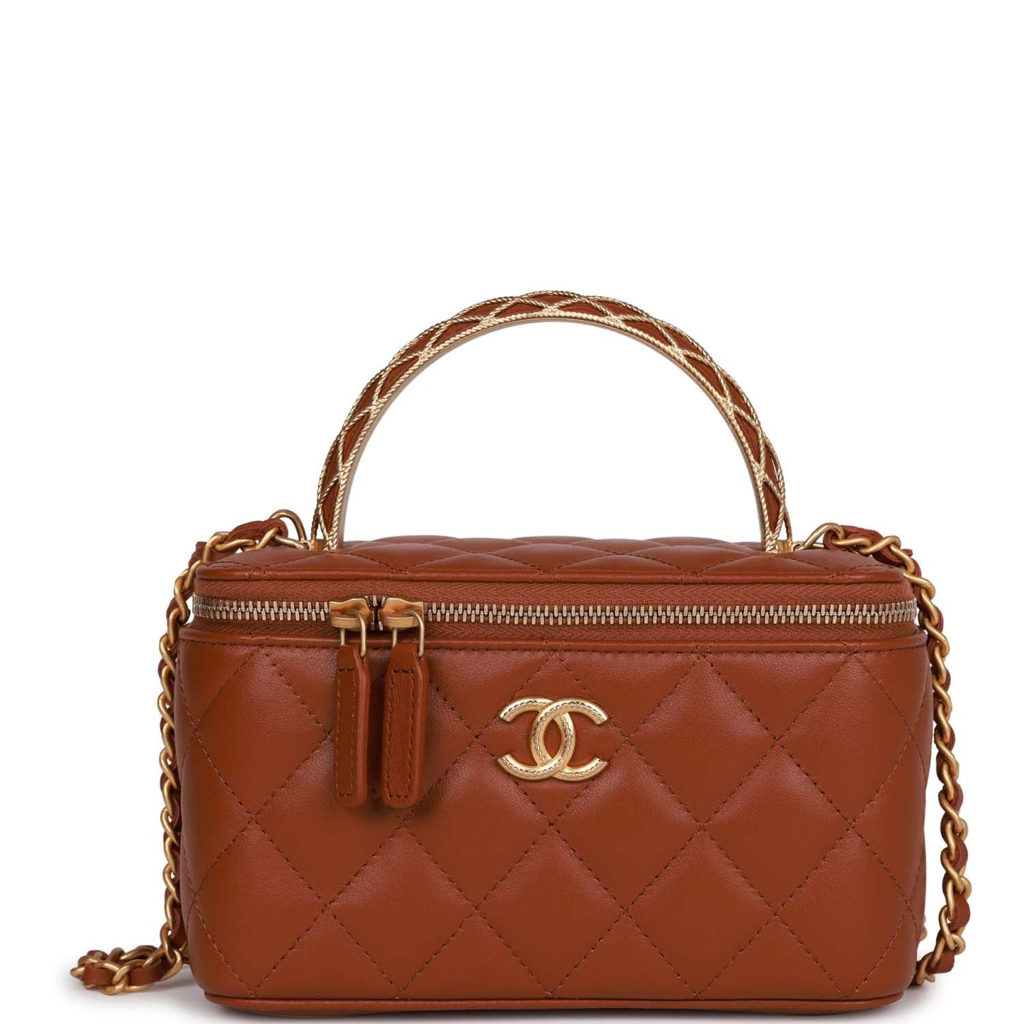 Chanel Small Top Handle Vanity Case Brown Lambskin Brushed Gold Hardware Handbag