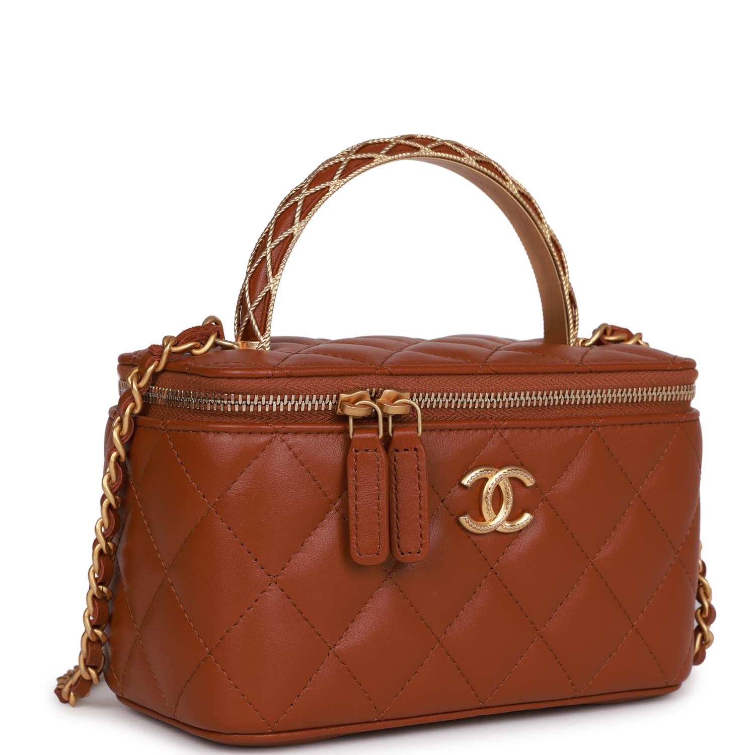 Chanel Small Top Handle Vanity Case Brown Lambskin Brushed Gold Hardware Bag