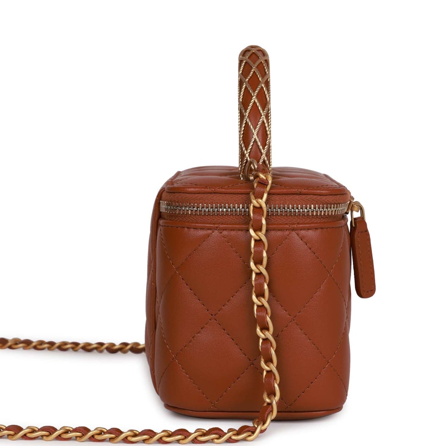 Chanel Small Top Handle Vanity Case Brown Lambskin Brushed Gold Hardware Bag