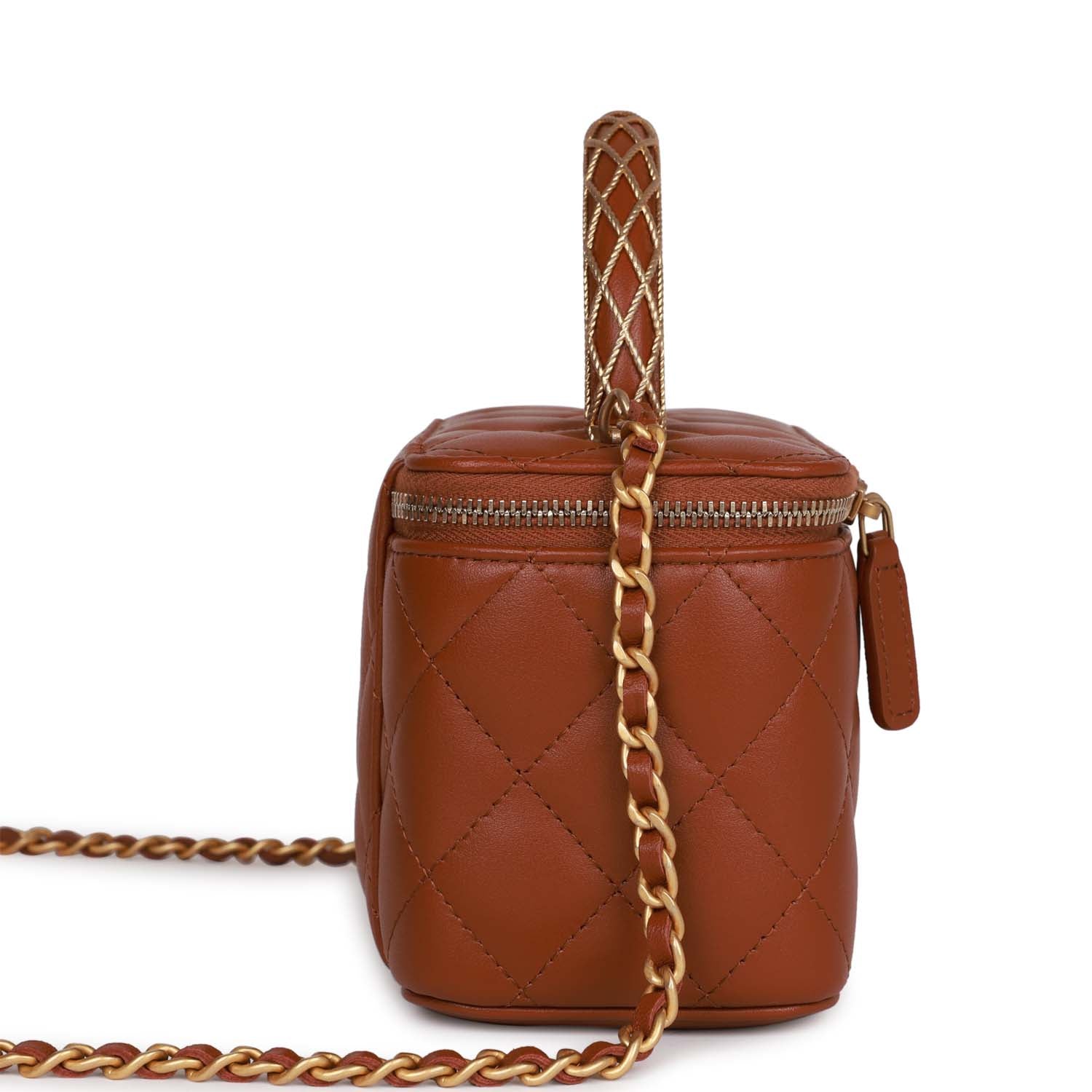 Chanel Small Top Handle Vanity Case Brown Lambskin Brushed Gold Hardware Bag