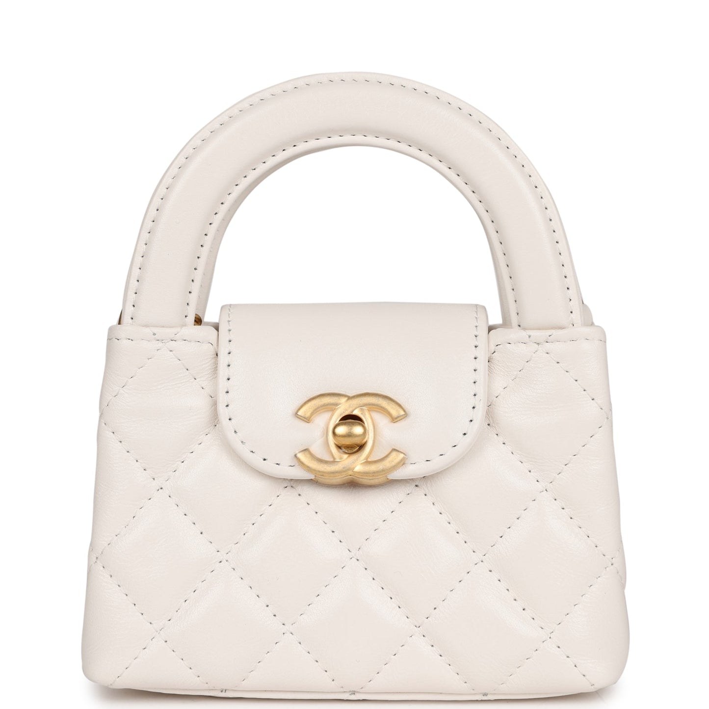 Chanel Nano Kelly Shopper White Shiny Aged Calfskin Brushed Gold Hardware Bag