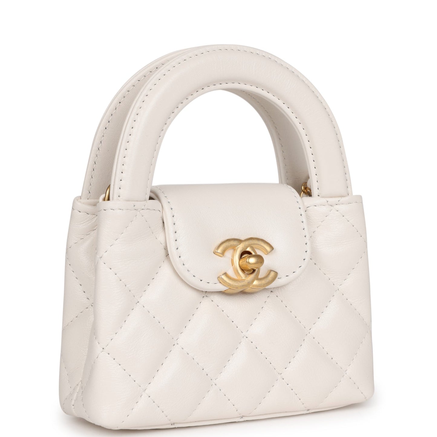 Chanel Nano Kelly Shopper White Shiny Aged Calfskin Brushed Gold Hardware Bag