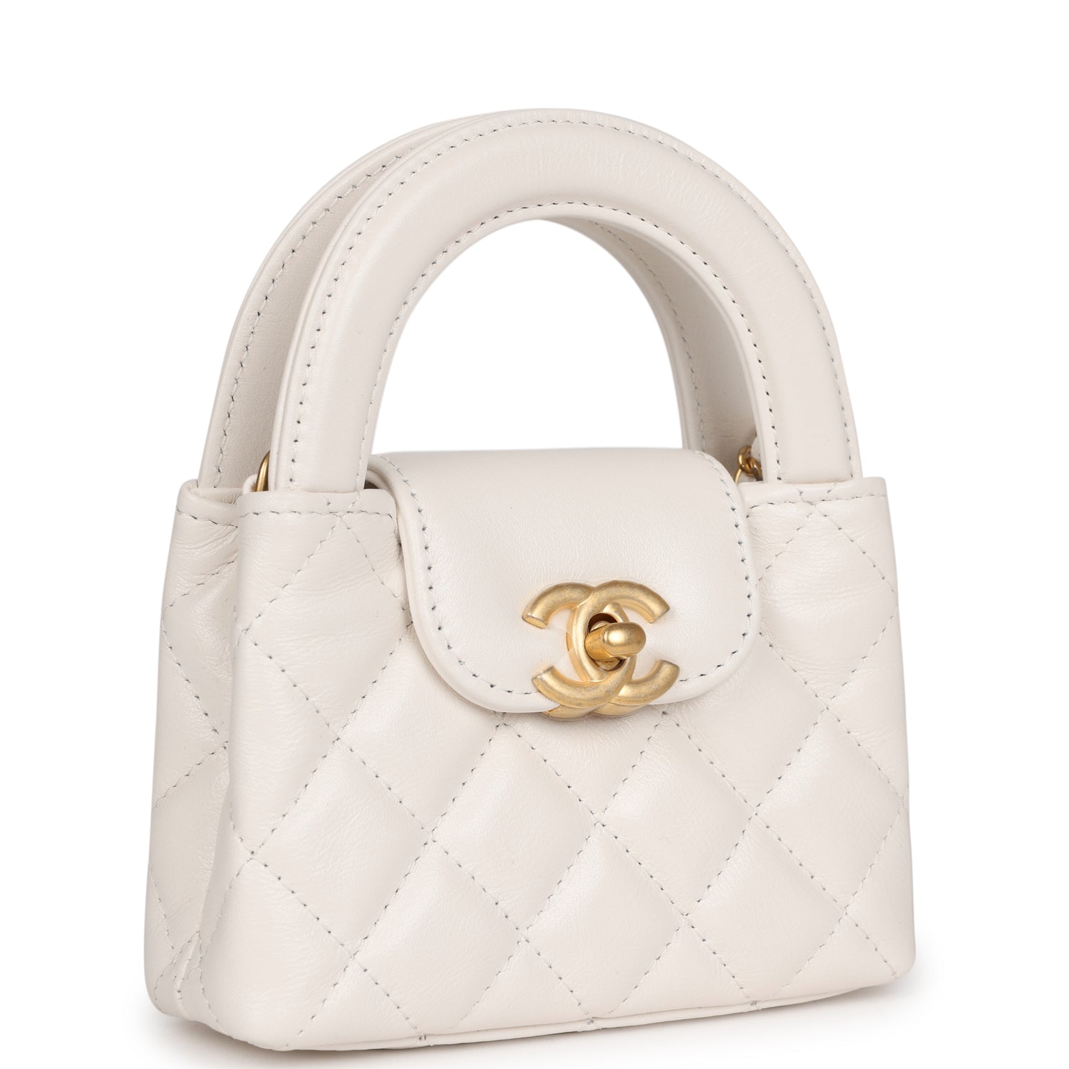 Chanel Nano Kelly Shopper White Shiny Aged Calfskin Brushed Gold Hardware Bag
