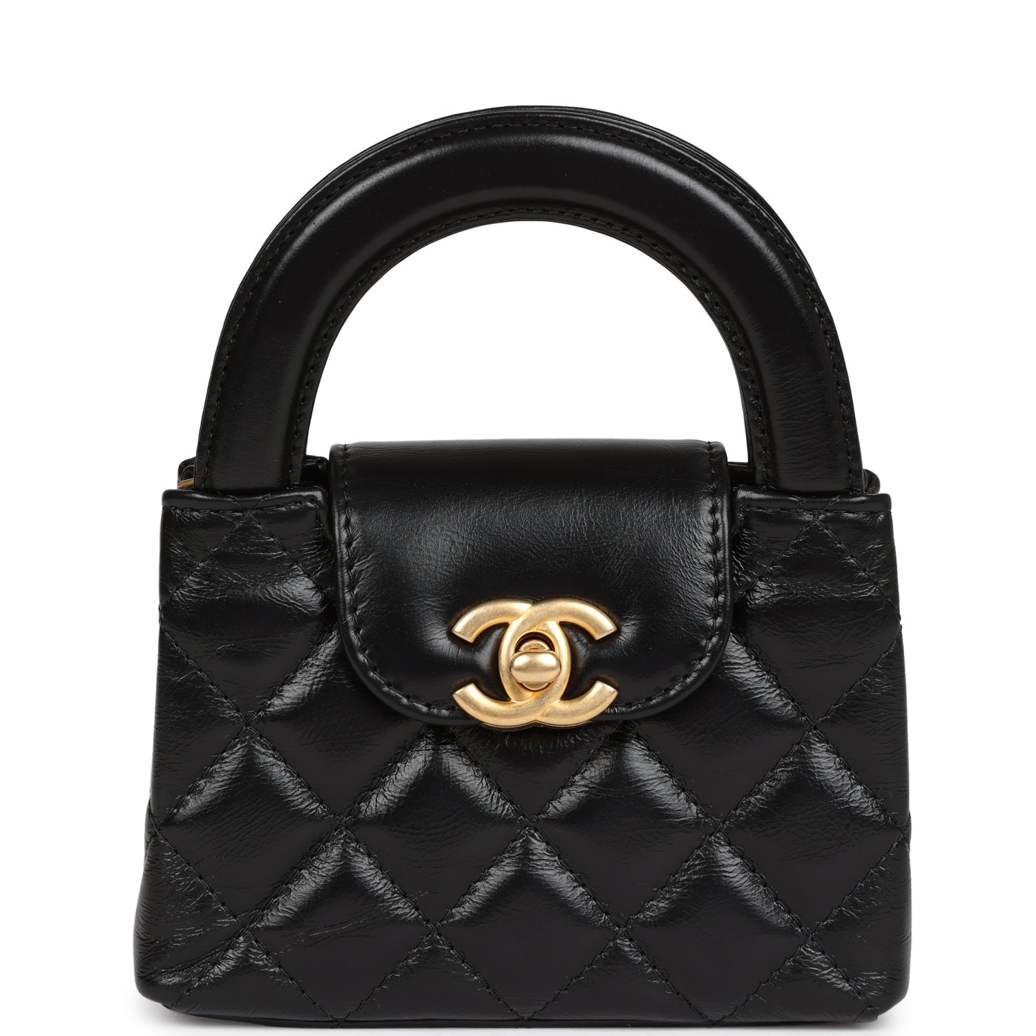 Chanel Nano Kelly Shopper Black Shiny Aged Calfskin Brushed Gold Hardware Women Shoes