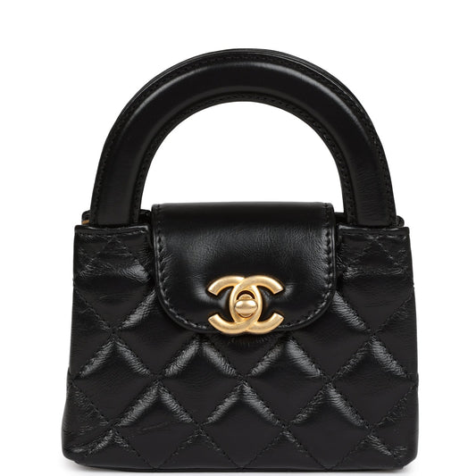 Chanel Nano Kelly Shopper Black Shiny Aged Calfskin Brushed Gold Hardware Women Shoes