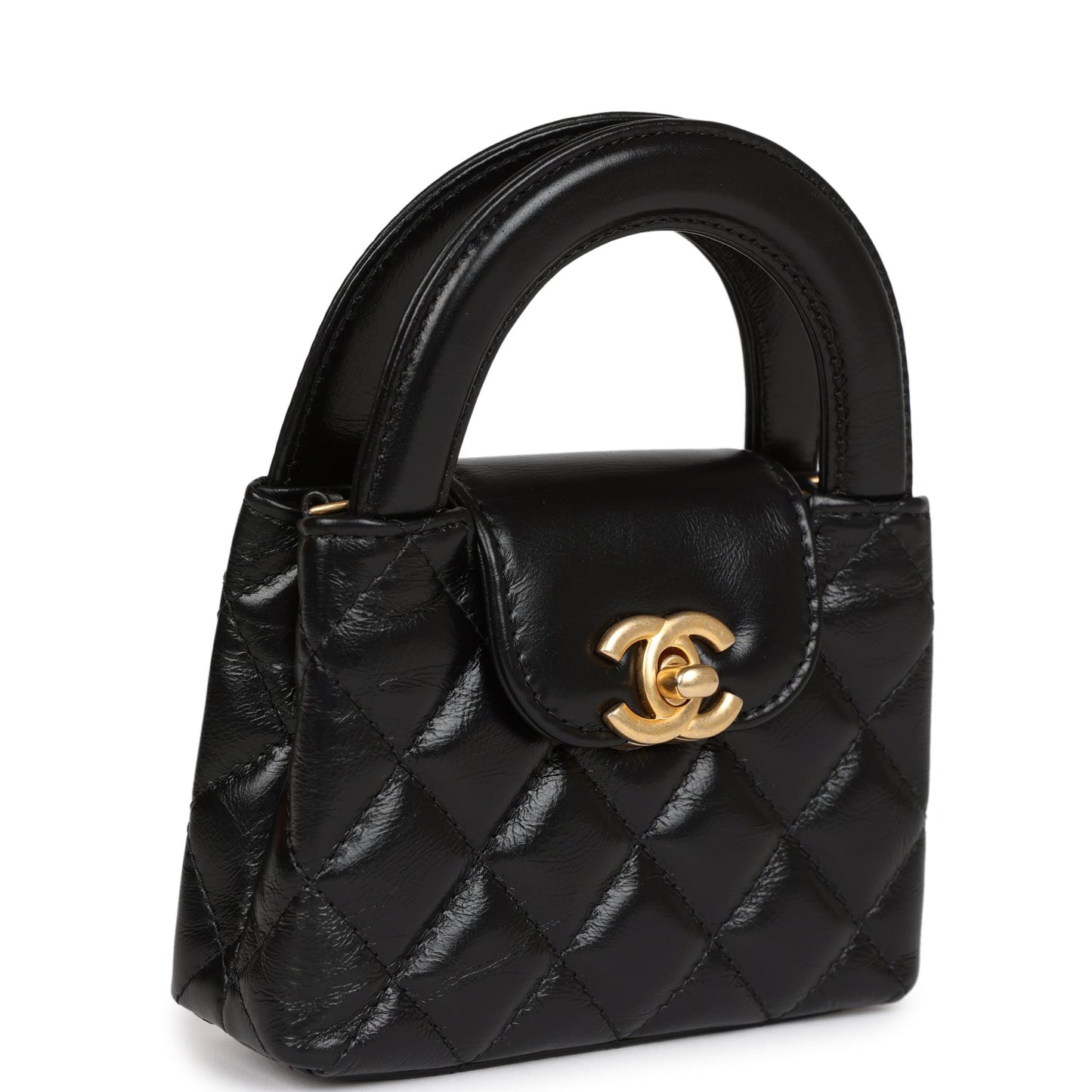 Chanel Nano Kelly Shopper Black Shiny Aged Calfskin Brushed Gold Hardware Women Shoes