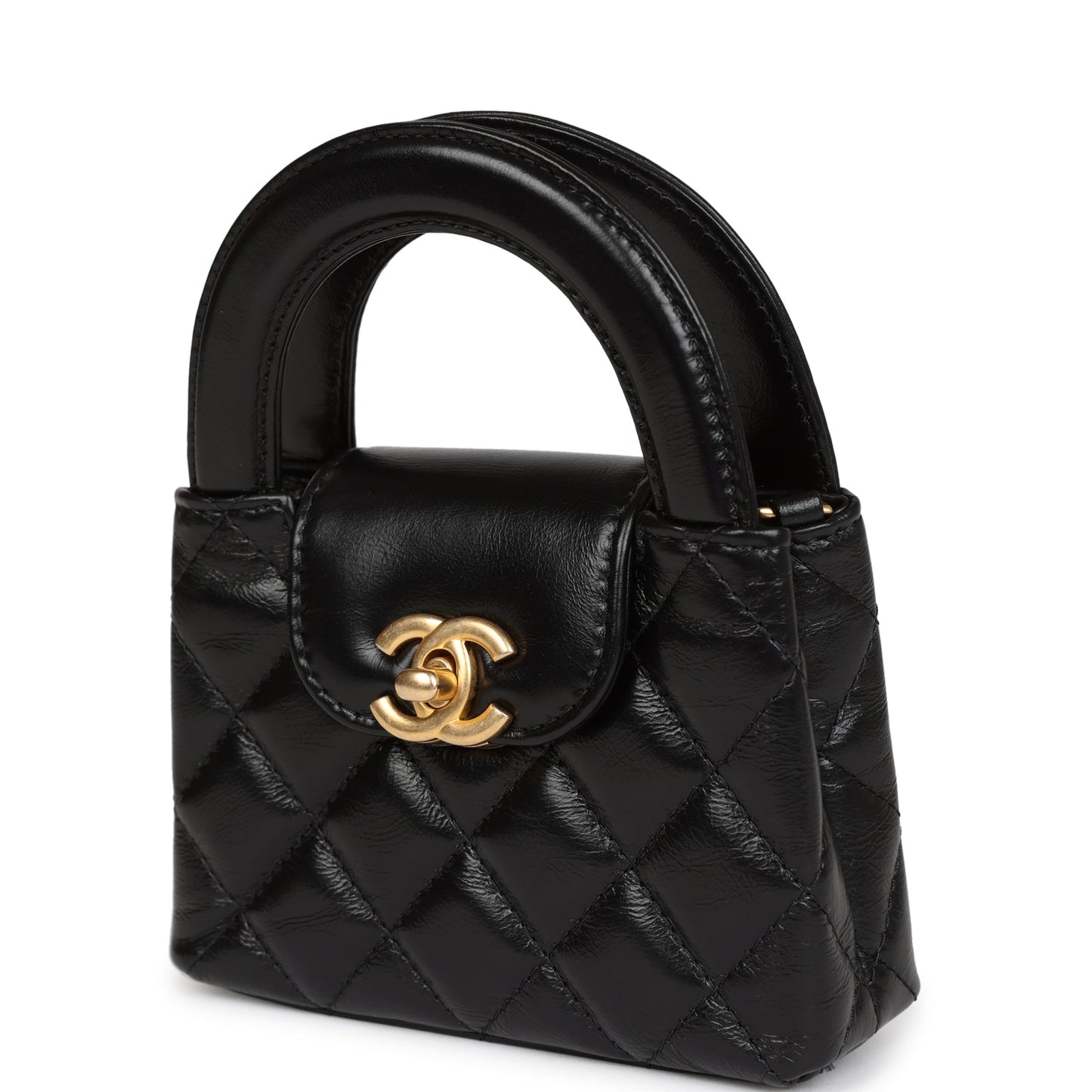 Chanel Nano Kelly Shopper Black Shiny Aged Calfskin Brushed Gold Hardware Women Shoes