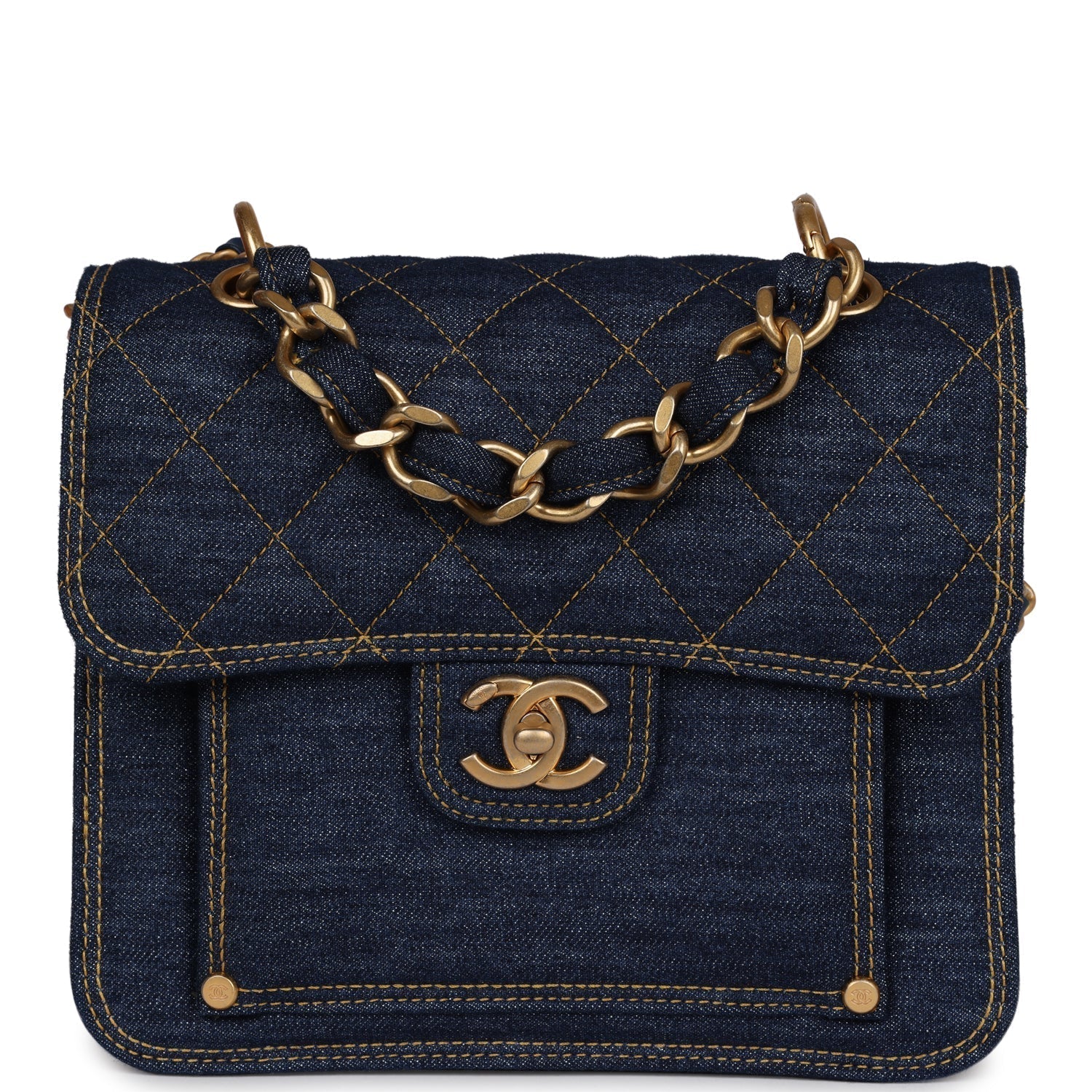 Chanel Square Flap Blue Denim Antique Gold Hardware Bag