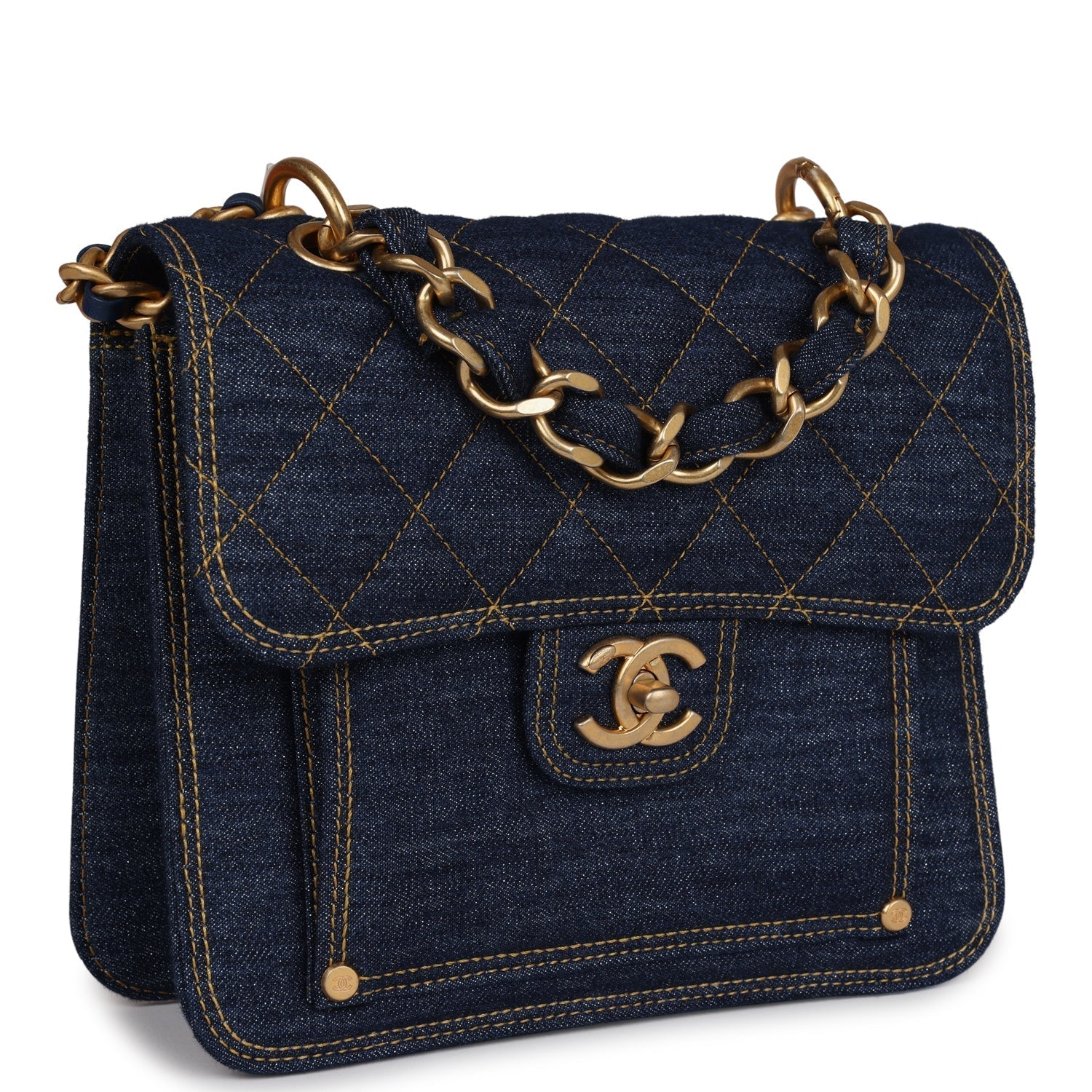 Chanel Square Flap Blue Denim Antique Gold Hardware Bag