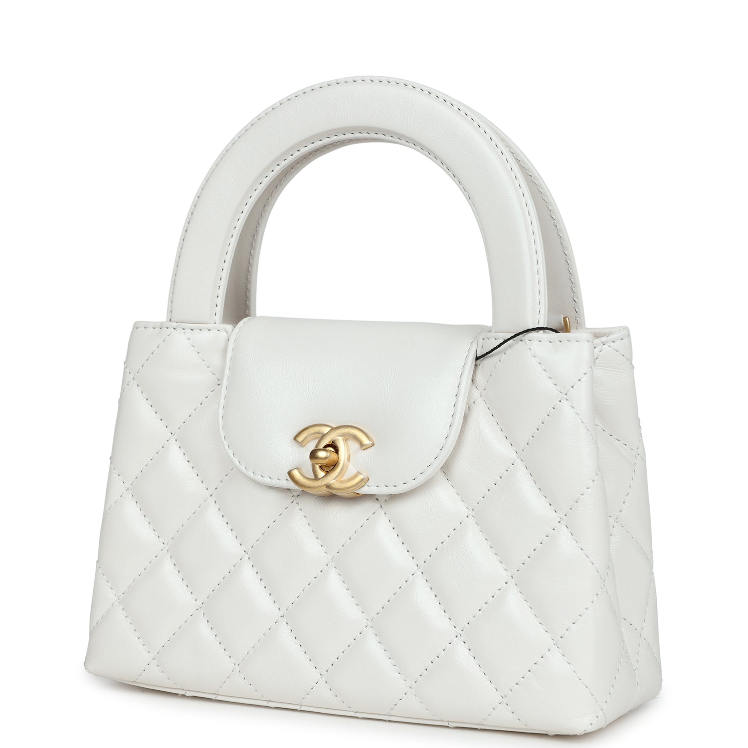 Chanel Small Kelly Shopper White Shiny Aged Calfskin Brushed Gold Hardware Women Shoes