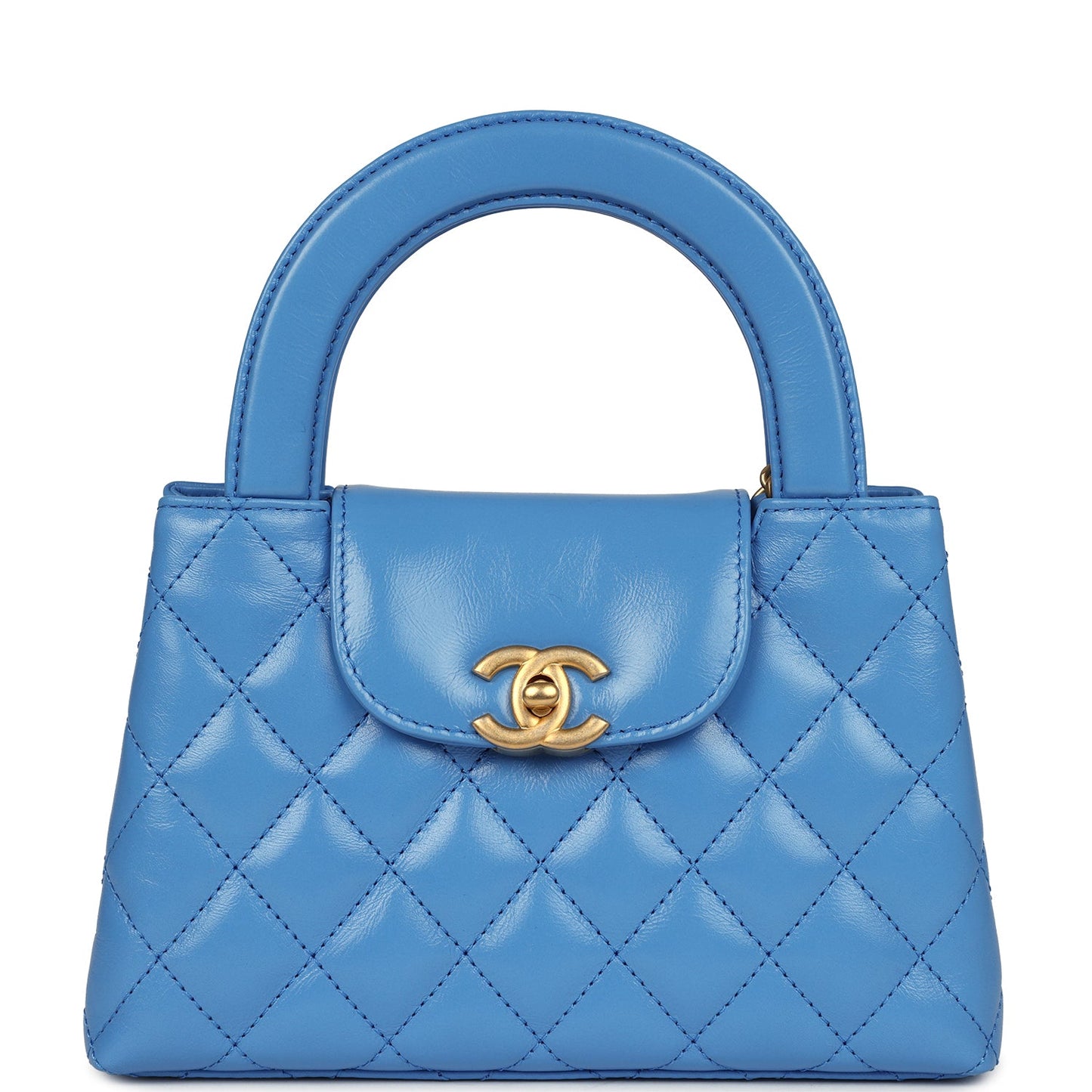 Chanel Small Kelly Shopper Blue Shiny Aged Calfskin Brushed Gold Hardware Women Shoes