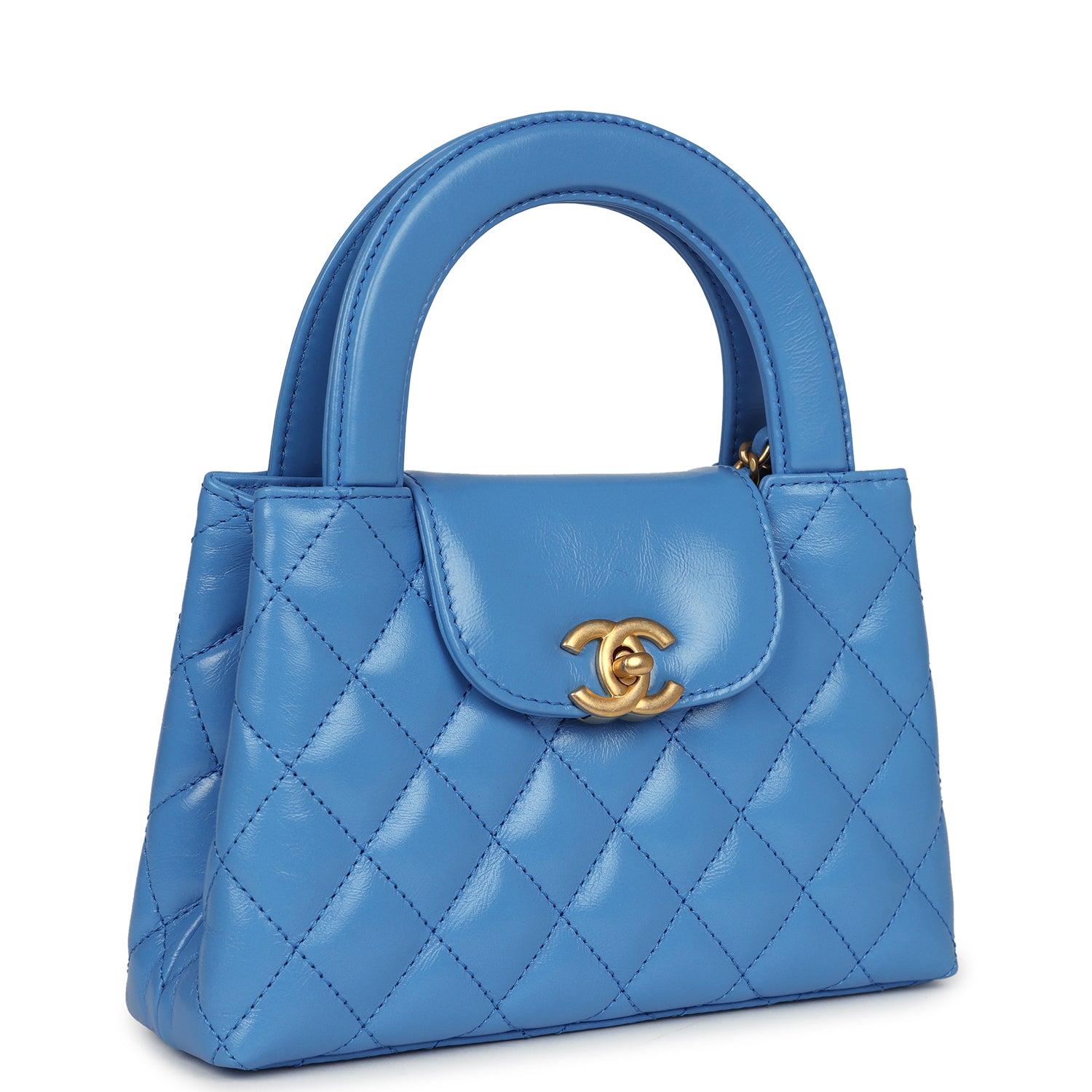 Chanel Small Kelly Shopper Blue Shiny Aged Calfskin Brushed Gold Hardware Women Shoes