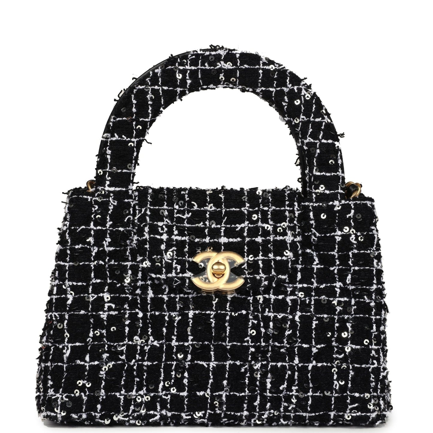 Chanel Small Kelly Shopper Black, White & Silver Sequin Tweed Brushed Gold Hardware Bag