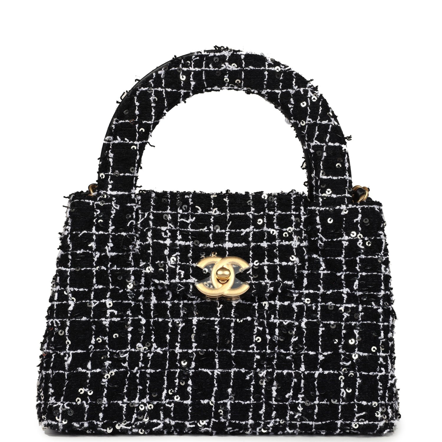 Chanel Small Kelly Shopper Black, White & Silver Sequin Tweed Brushed Gold Hardware Bag