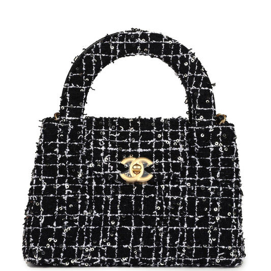Chanel Small Kelly Shopper Black,white & Silver Sequin Tweed Brushed Gold Hardware Women Shoes