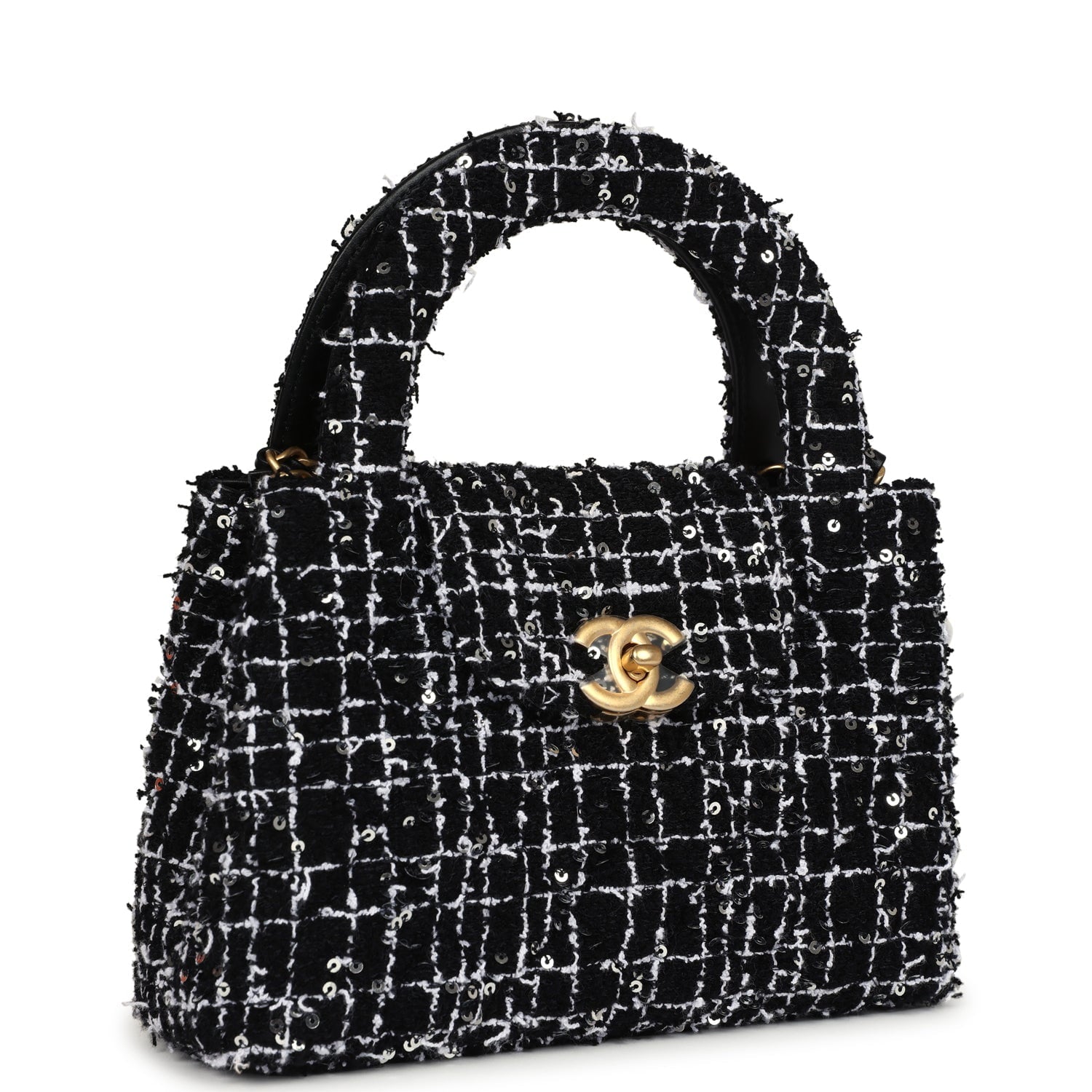 Chanel Small Kelly Shopper Black,white & Silver Sequin Tweed Brushed Gold Hardware Women Shoes