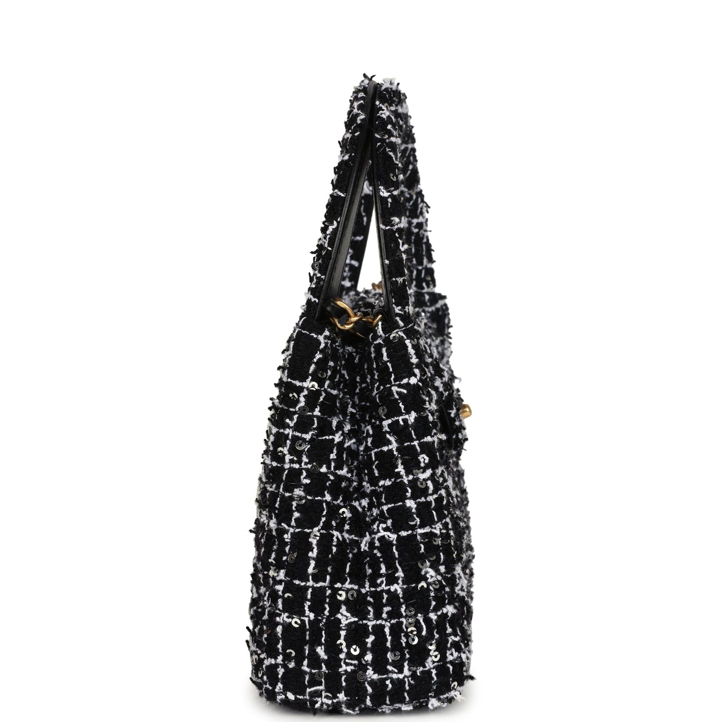 Chanel Small Kelly Shopper Black, White & Silver Sequin Tweed Brushed Gold Hardware Bag