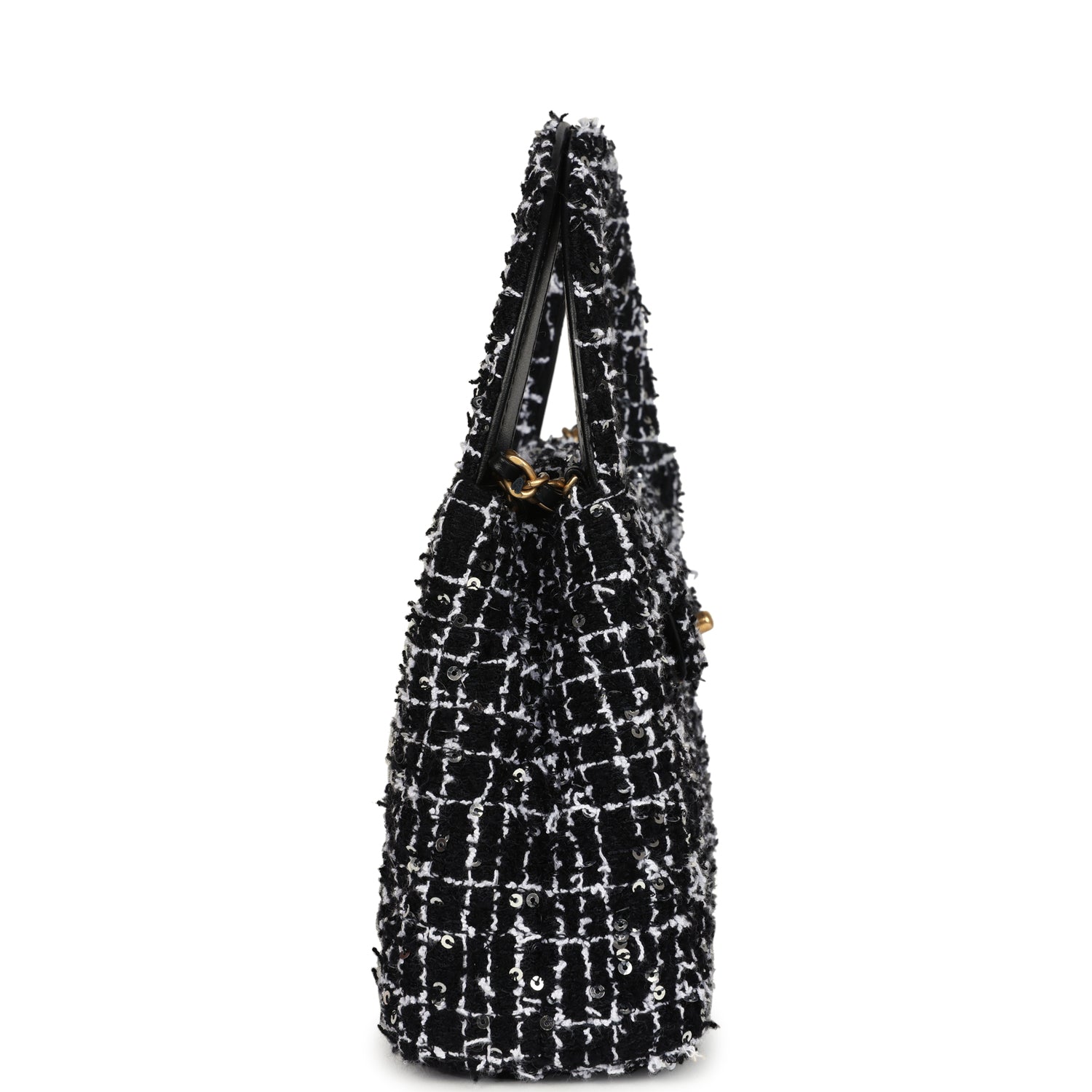 Chanel Small Kelly Shopper Black,white & Silver Sequin Tweed Brushed Gold Hardware Women Shoes