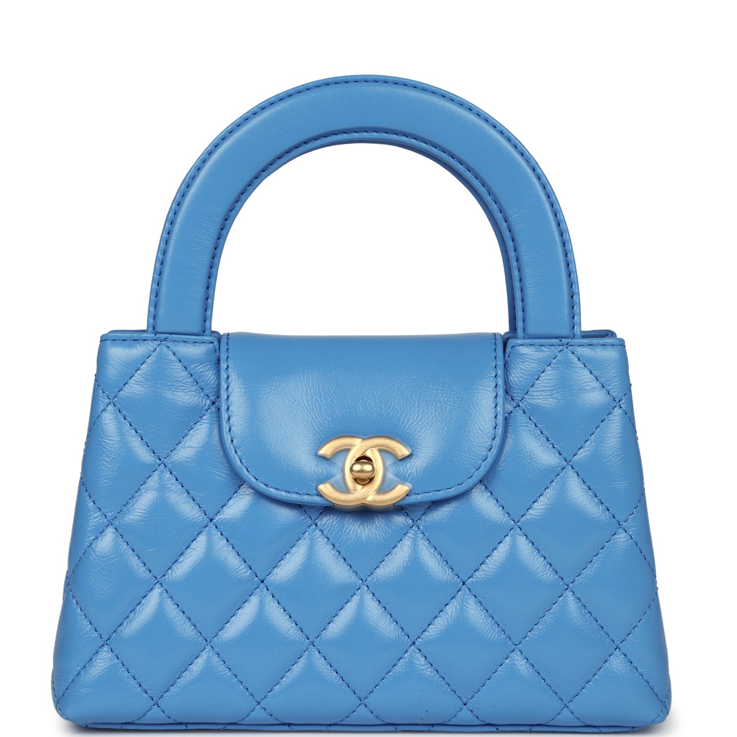 Chanel Small Kelly Shopper Blue Shiny Aged Calfskin Brushed Gold Hardware Women Shoes