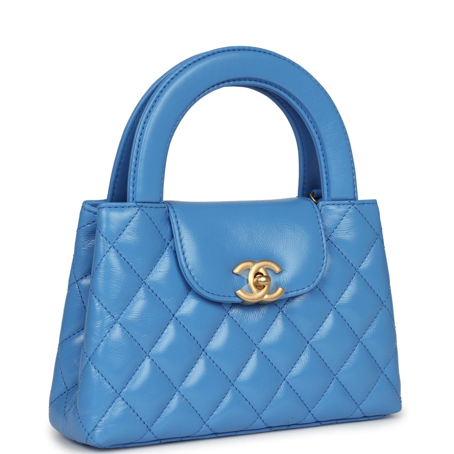 Chanel Small Kelly Shopper Blue Shiny Aged Calfskin Brushed Gold Hardware Women Shoes