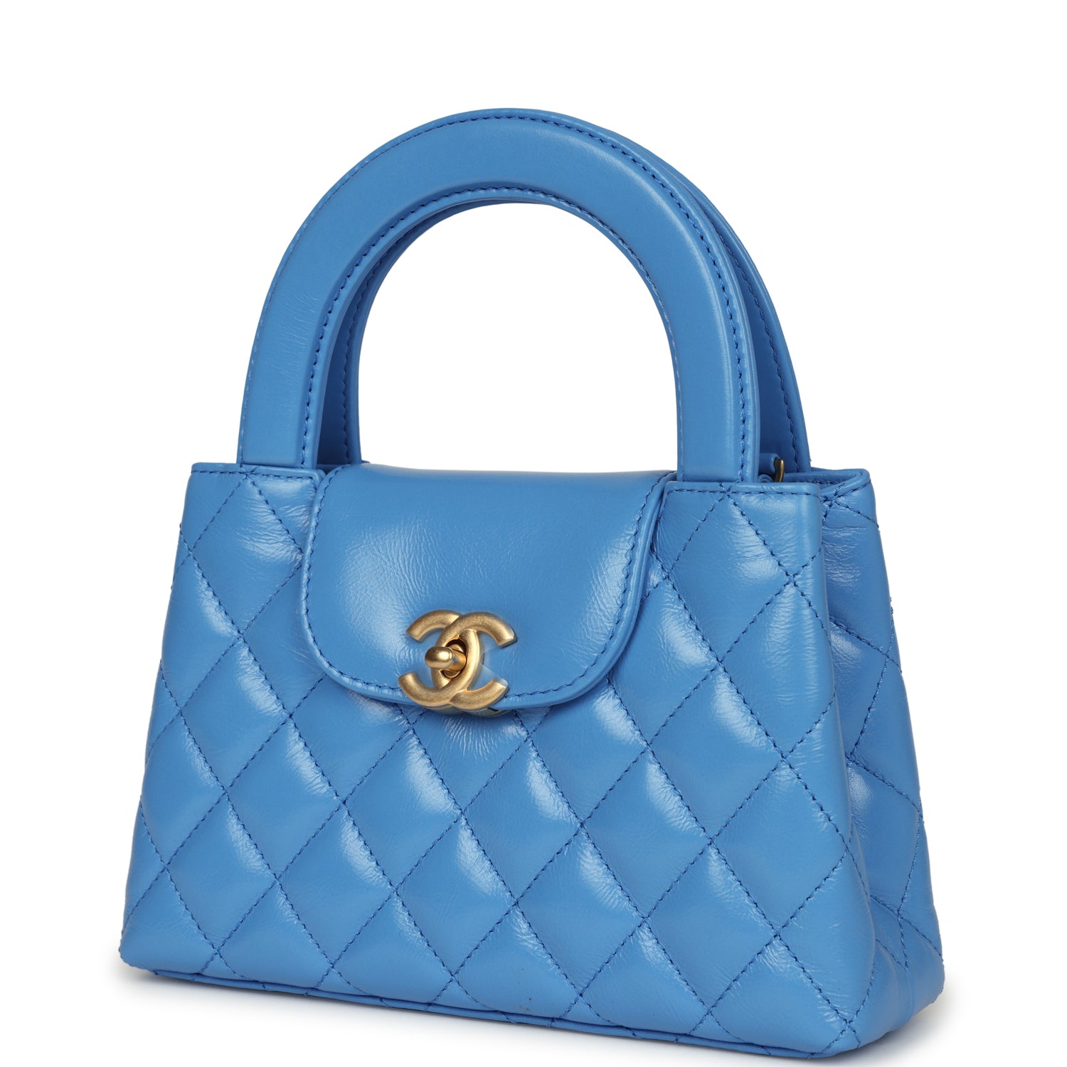 Chanel Small Kelly Shopper Blue Shiny Aged Calfskin Brushed Gold Hardware Women Shoes