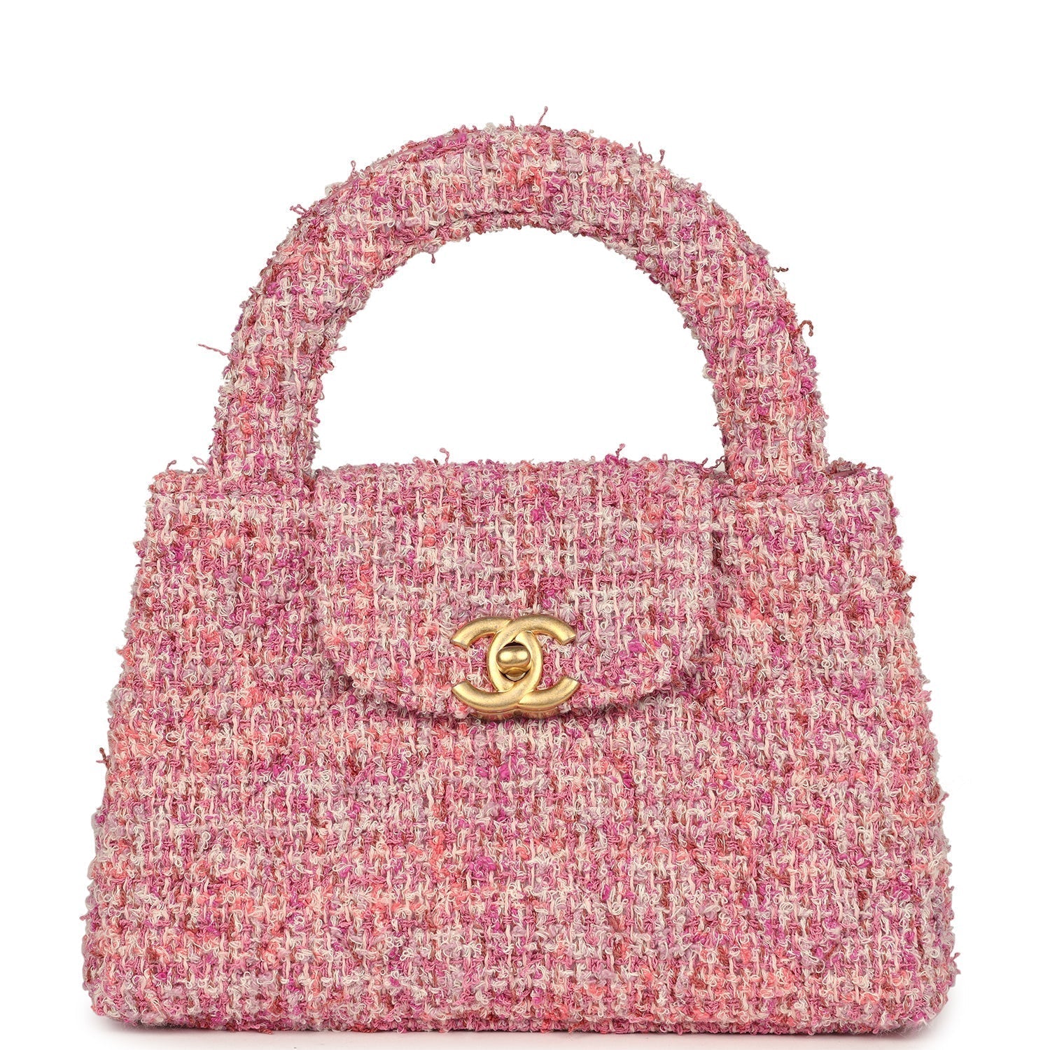 Chanel Small Kelly Shopper Pink Tweed Brushed Gold Hardware Women Shoes