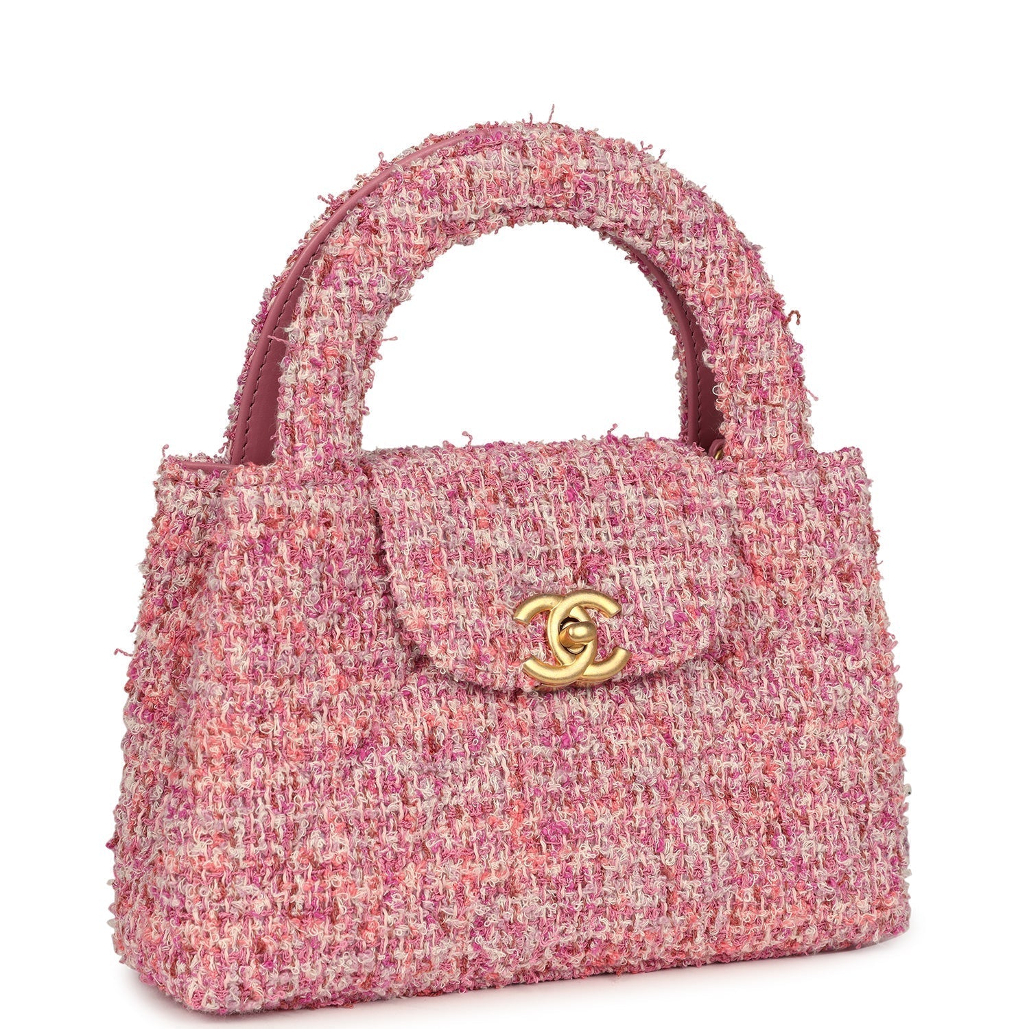 Chanel Small Kelly Shopper Pink Tweed Brushed Gold Hardware Women Shoes