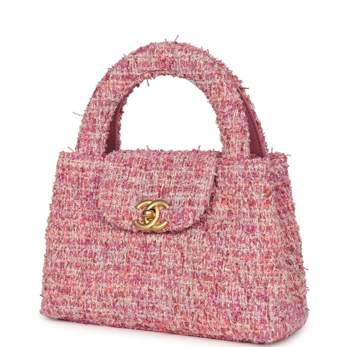 Chanel Small Kelly Shopper Pink Tweed Brushed Gold Hardware Women Shoes