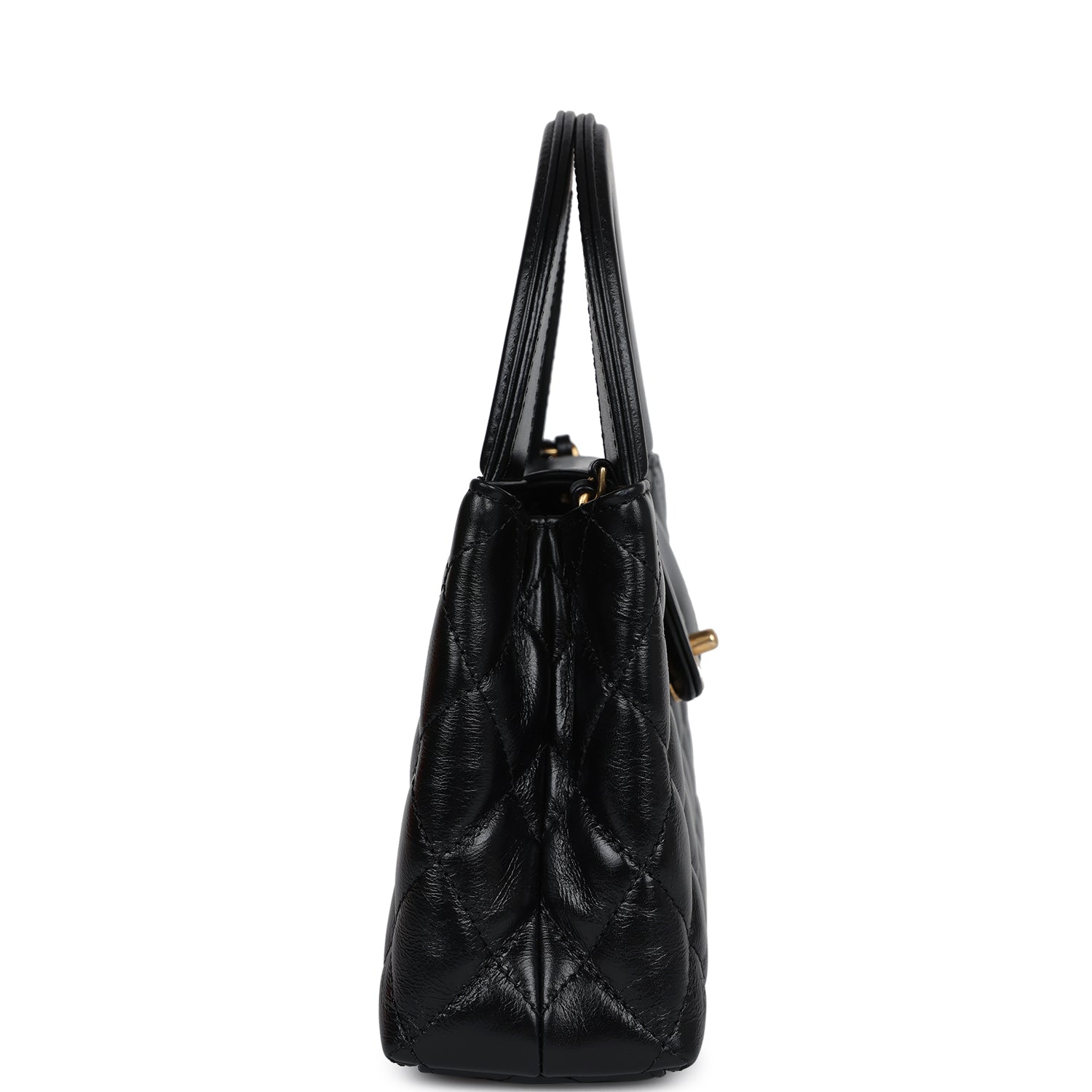 Chanel Small Kelly Shopper Black Shiny Aged Calfskin Brushed Gold Hardware Women Shoes