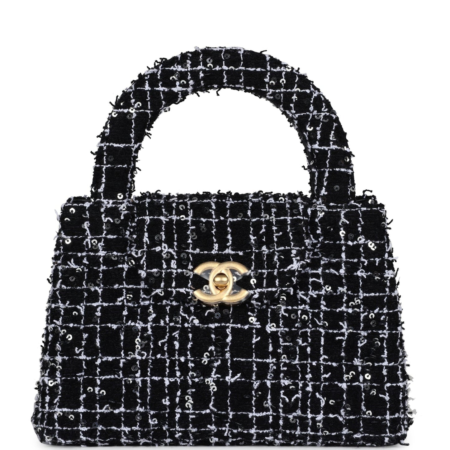 Chanel Small Kelly Shopper Black,white & Silver Sequin Tweed Brushed Gold Hardware Women Shoes