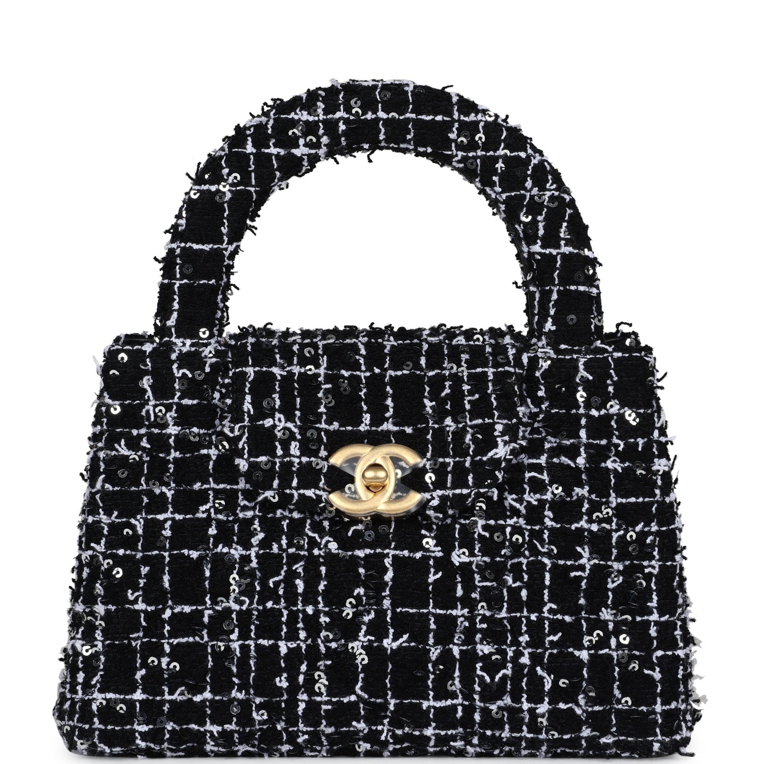 Chanel Small Kelly Shopper Black,white & Silver Sequin Tweed Brushed Gold Hardware Women Shoes