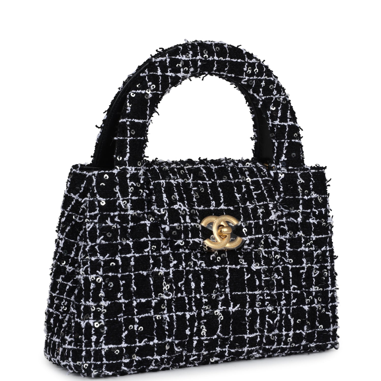 Chanel Small Kelly Shopper Black,white & Silver Sequin Tweed Brushed Gold Hardware Women Shoes