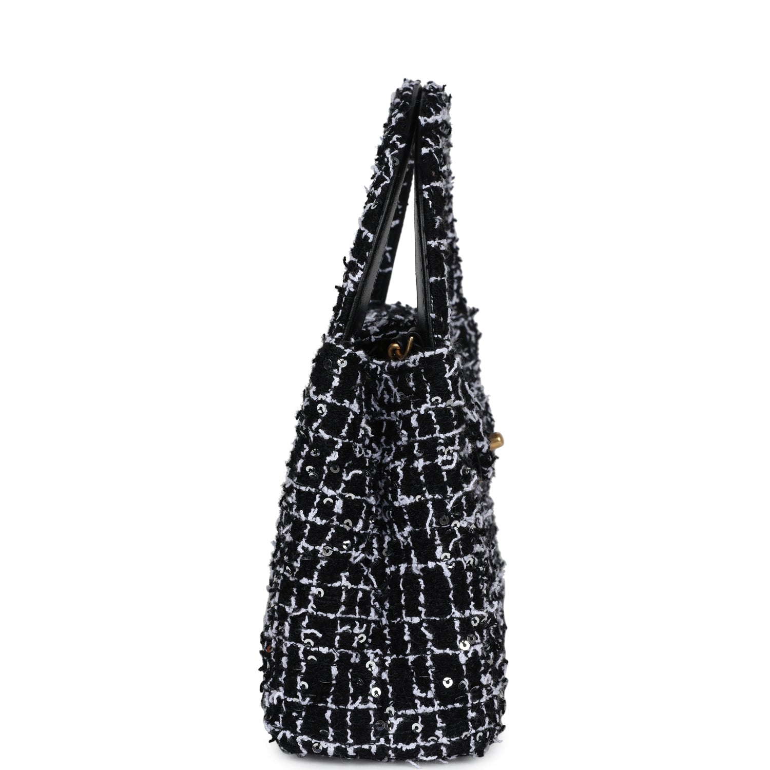 Chanel Small Kelly Shopper Black,white & Silver Sequin Tweed Brushed Gold Hardware Women Shoes