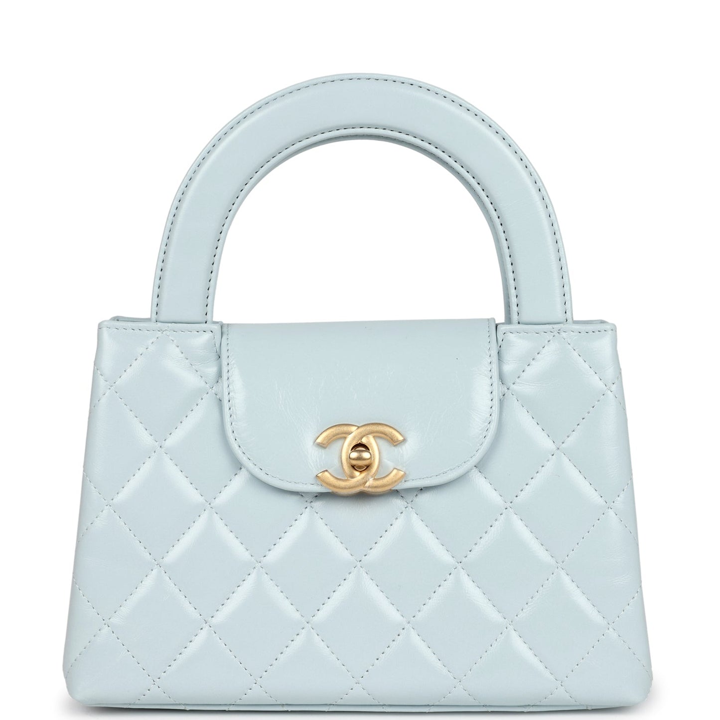 Chanel Small Kelly Shopper Light Blue Shiny Aged Calfskin Brushed Gold Hardware Women Shoes