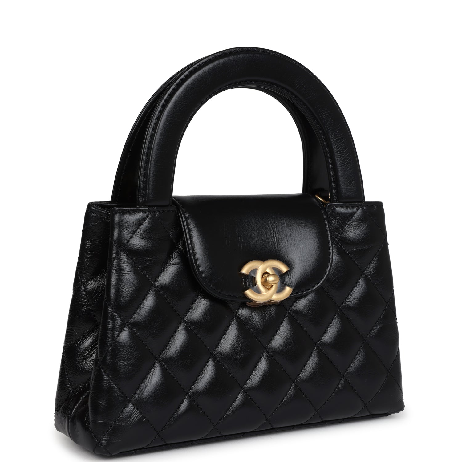 Chanel Small Kelly Shopper Black Shiny Aged Calfskin Brushed Gold Hardware Women Shoes