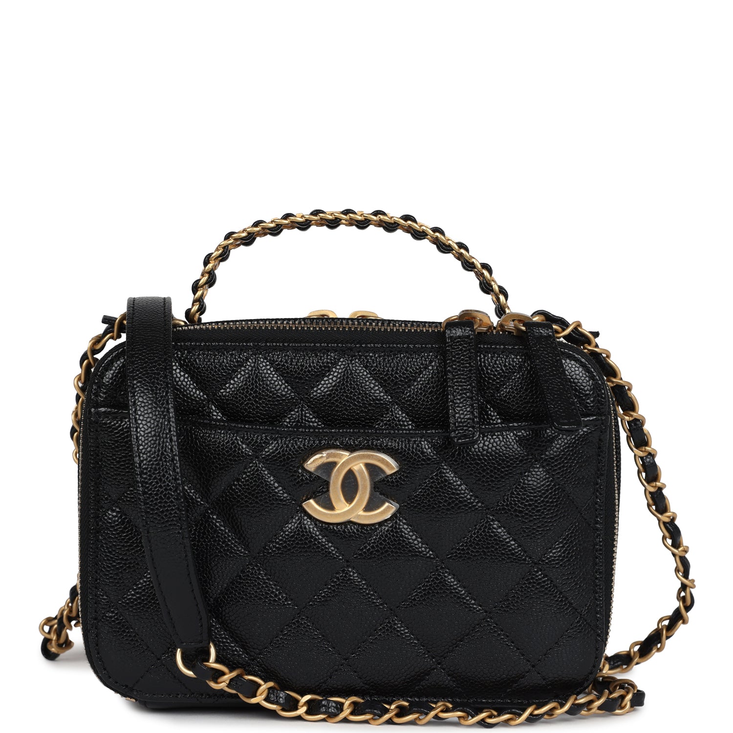 Chanel Small Pick Me Up Top Handle Vanity Case Black Caviar Brushed Gold Hardware Bag