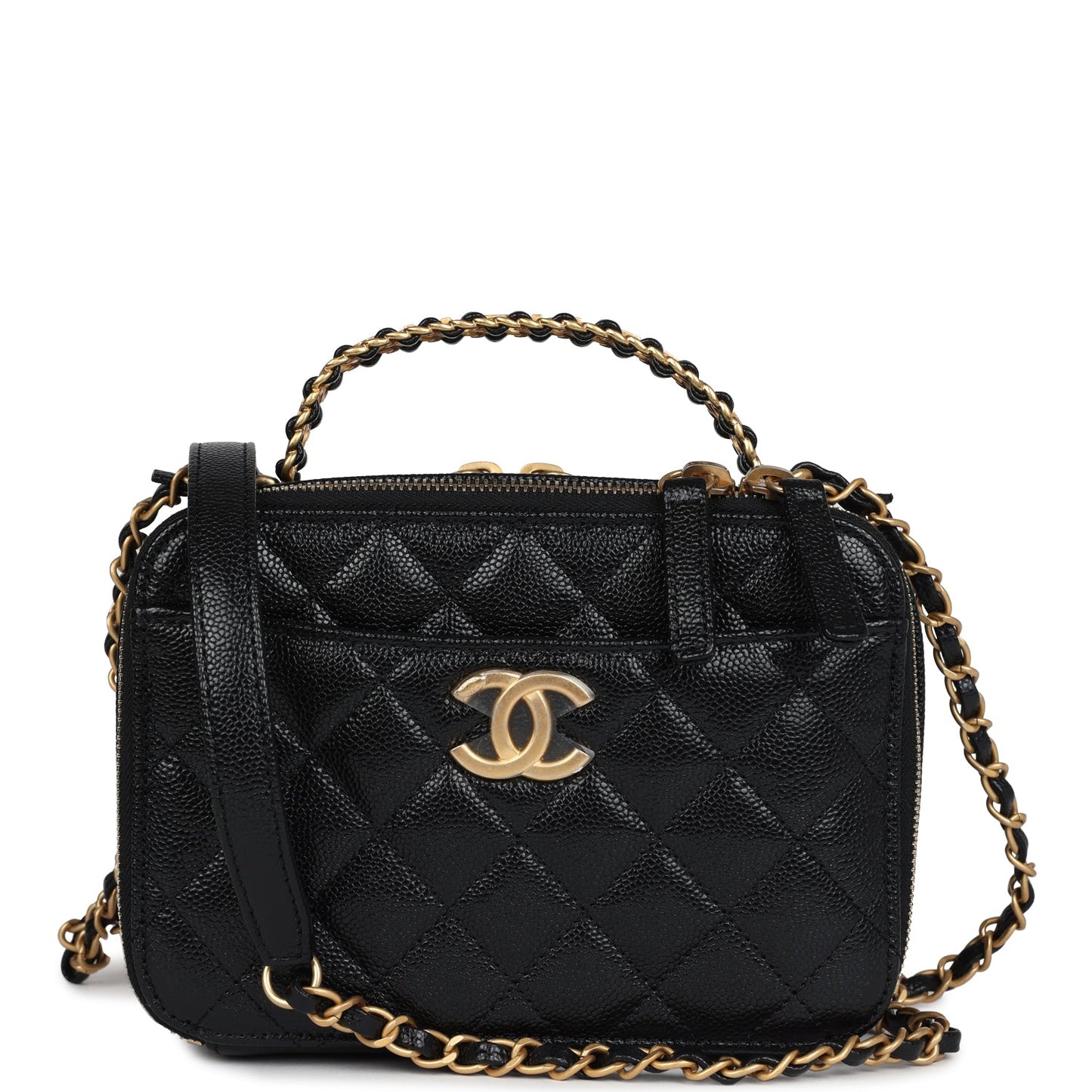 Chanel Small Pick Me Up Top Handle Vanity Case Black Caviar Brushed Gold Hardware Handbag