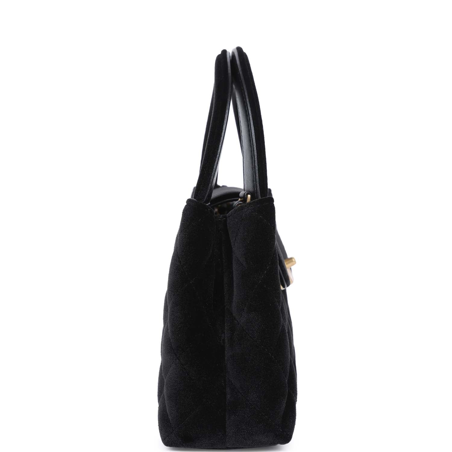 Chanel Small Kelly Shopper Black Velvet Brushed Gold Hardware Women Shoes
