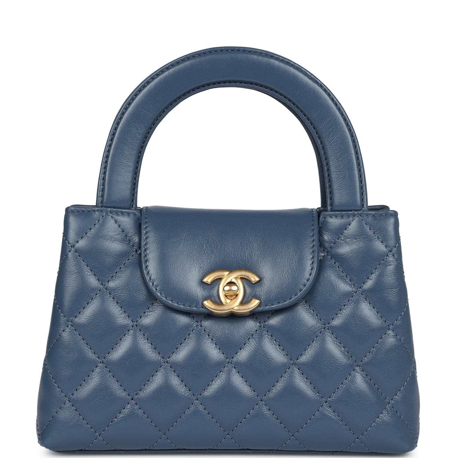 Chanel Small Kelly Shopper Blue Shiny Aged Calfskin Brushed Gold Hardware Women Shoes