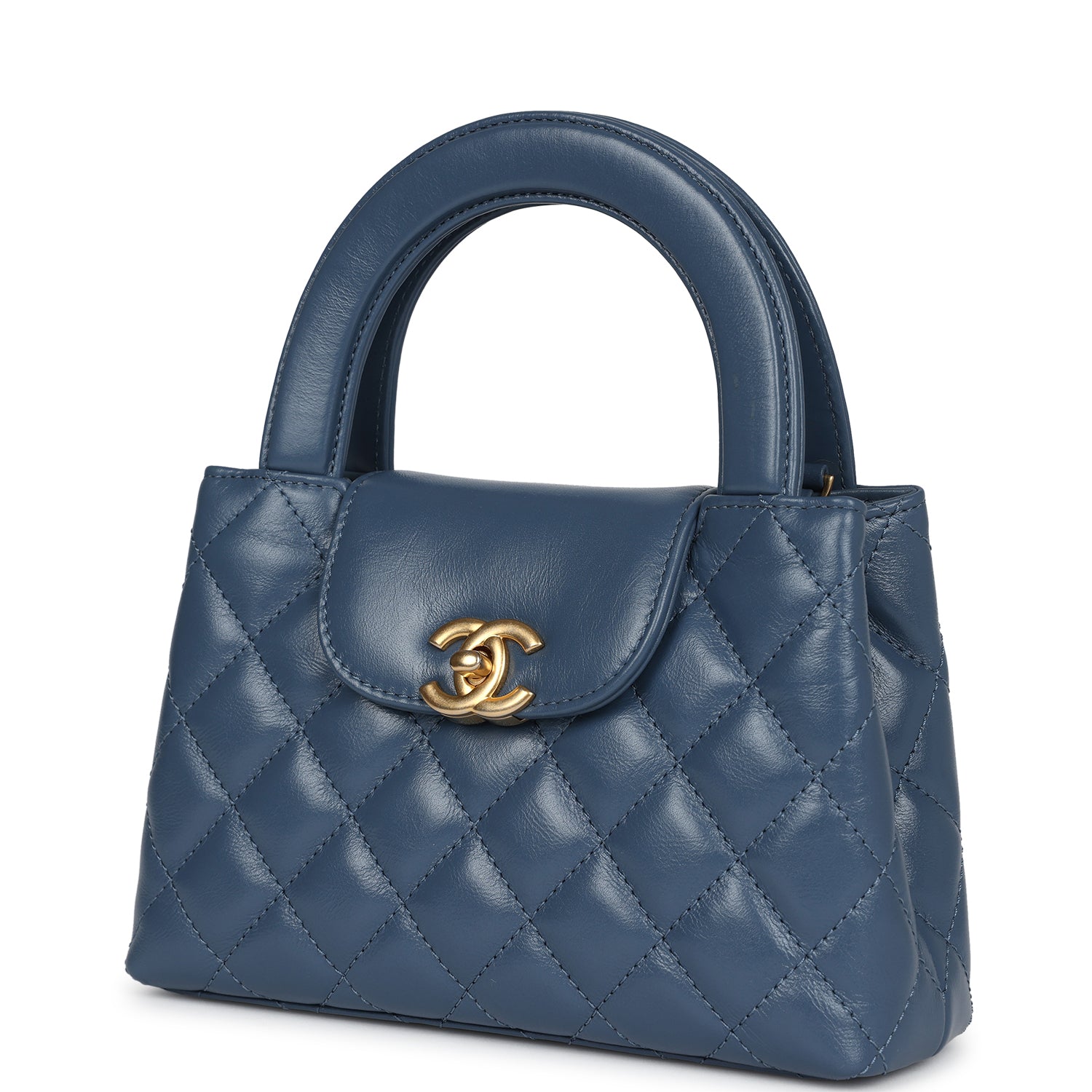 Chanel Small Kelly Shopper Blue Shiny Aged Calfskin Brushed Gold Hardware Women Shoes
