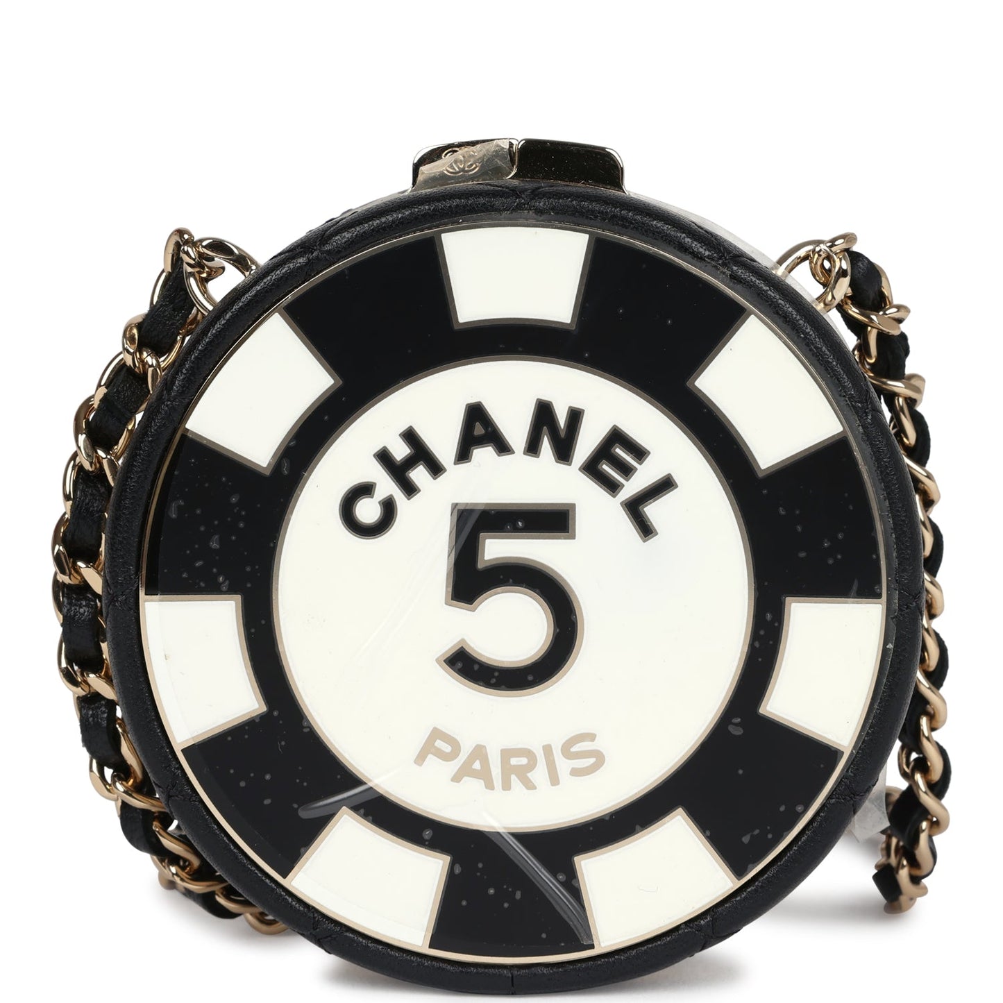 Chanel Poker Chip Minaudiere Clutch With Chain Black And White Enamel And Lambskin Gold Hardware