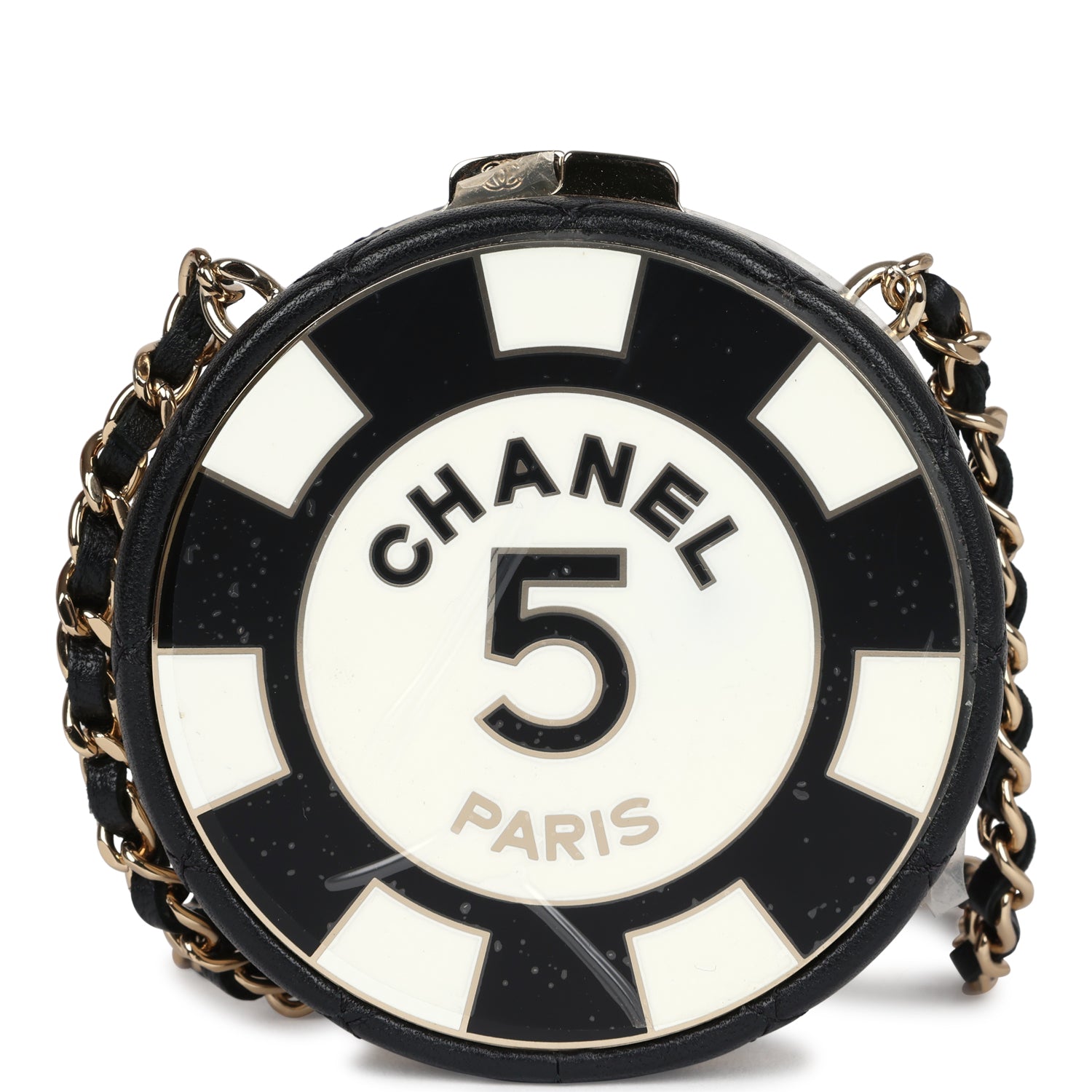 Chanel Poker Chip Minaudiere Clutch With Chain Black And White Enamel And Lambskin Gold Hardware