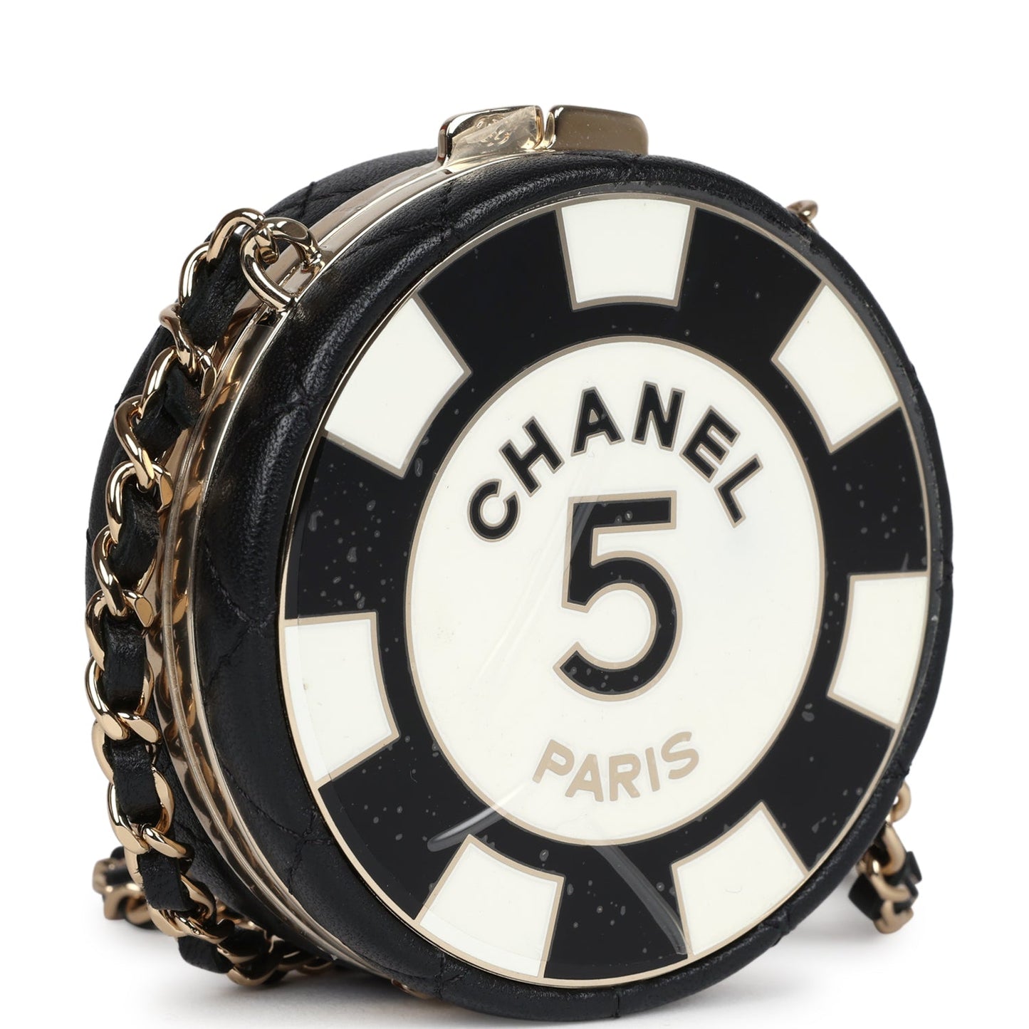 Chanel Poker Chip Minaudiere Clutch With Chain Black And White Enamel And Lambskin Gold Hardware